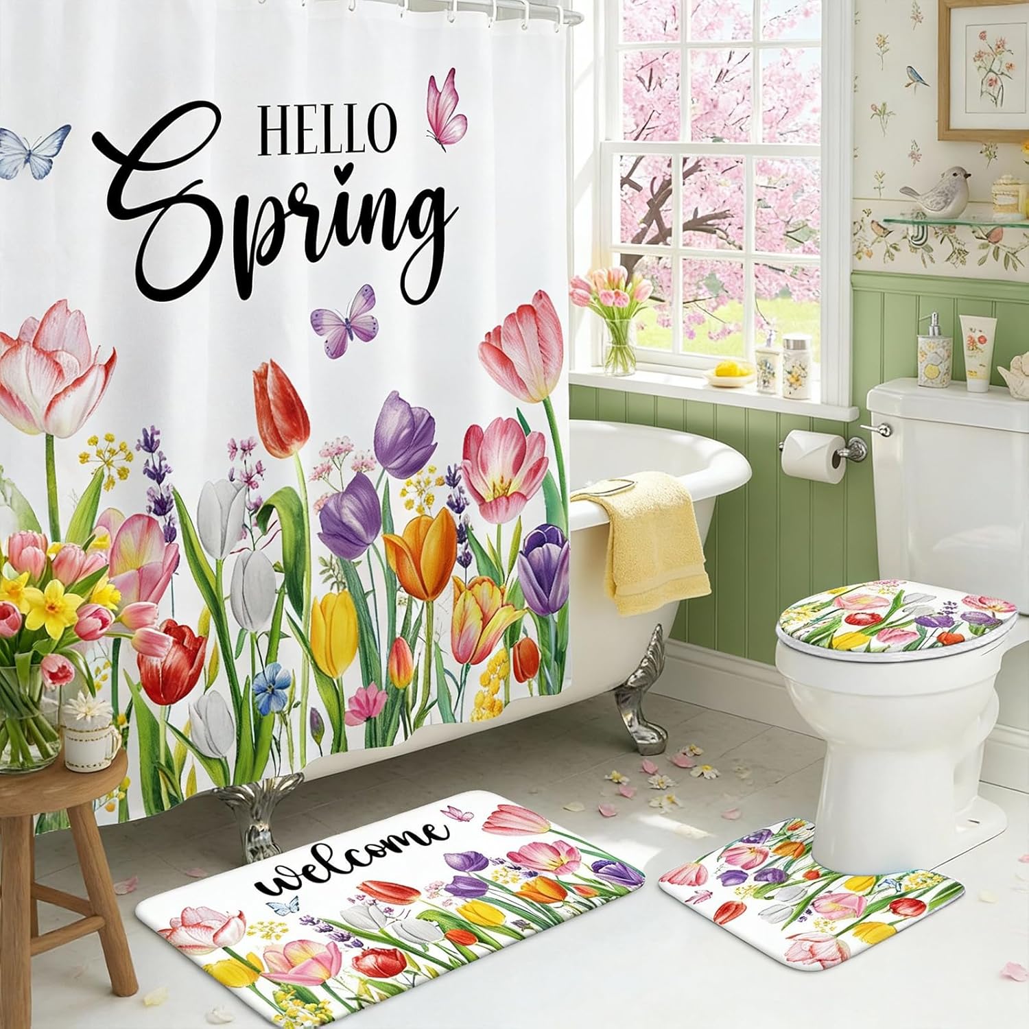 Moukeren 4 Pcs Spring Shower Curtain Decor Sets Hello Spring Tulip Rug Bath Mat Toilet Lid Cover Waterproof Shower Curtain Floral Decorations with 12 Hooks for Bathroom