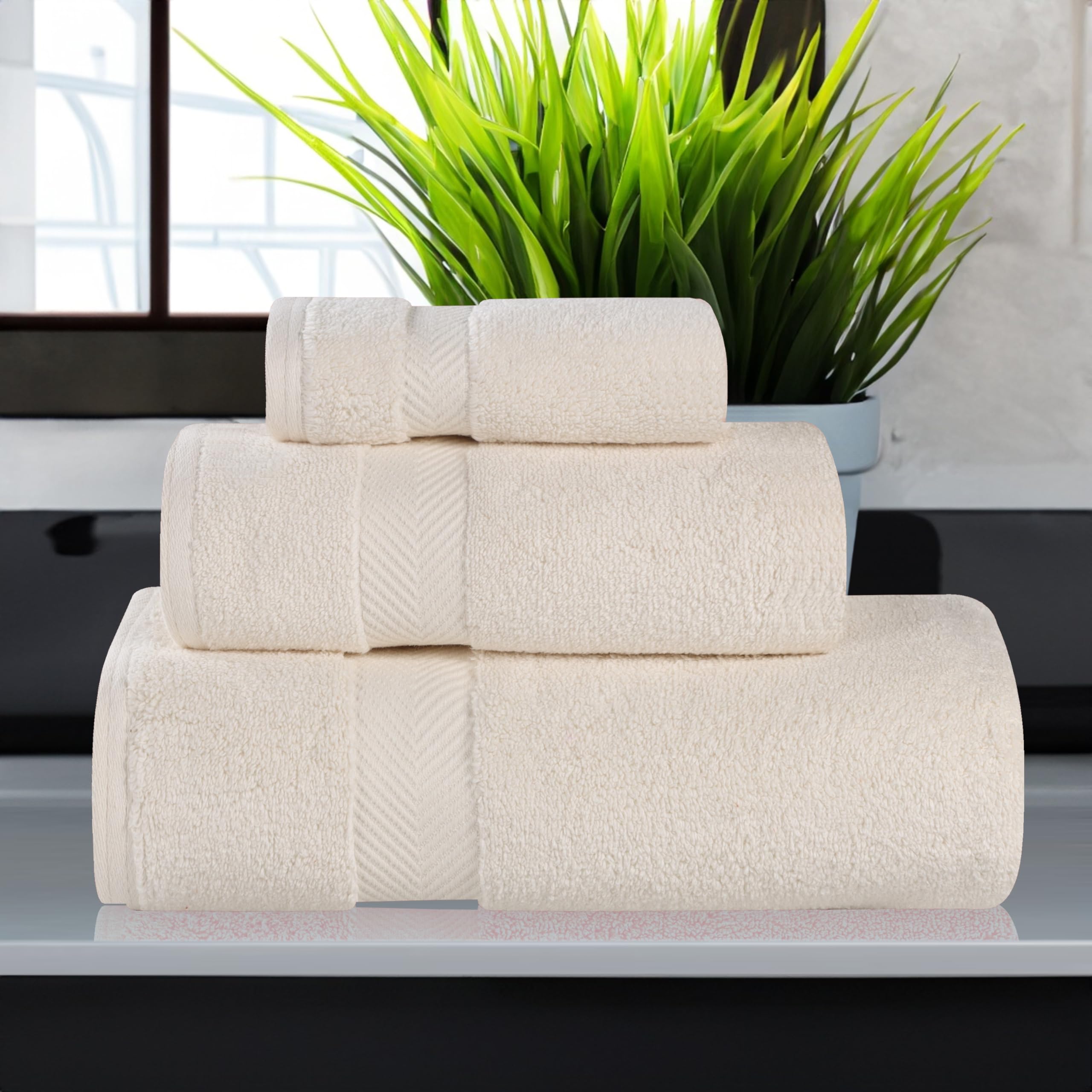 Superior Collection 100% Zero Twist Cotton Super Soft and Absorbent 3-Piece Towel Set, Ivory, 3 Piece Towel Set - Image 2
