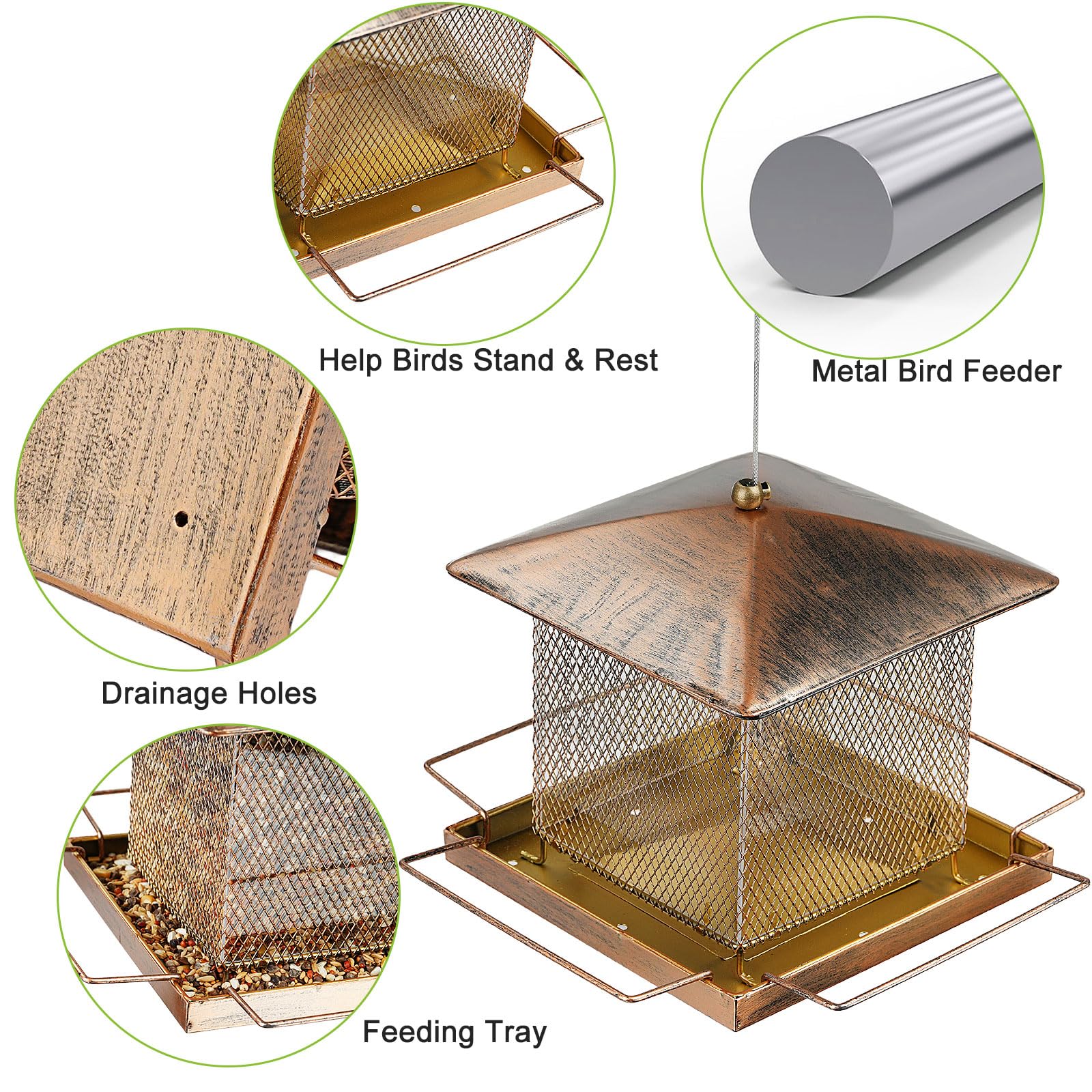 Comedero para pájaros, comedero de metal resistente para colgar al aire libre, comedero para pájaros silvestres con hebilla para jardín, patio exterior, patio, gran capacidad de 3.5 libras