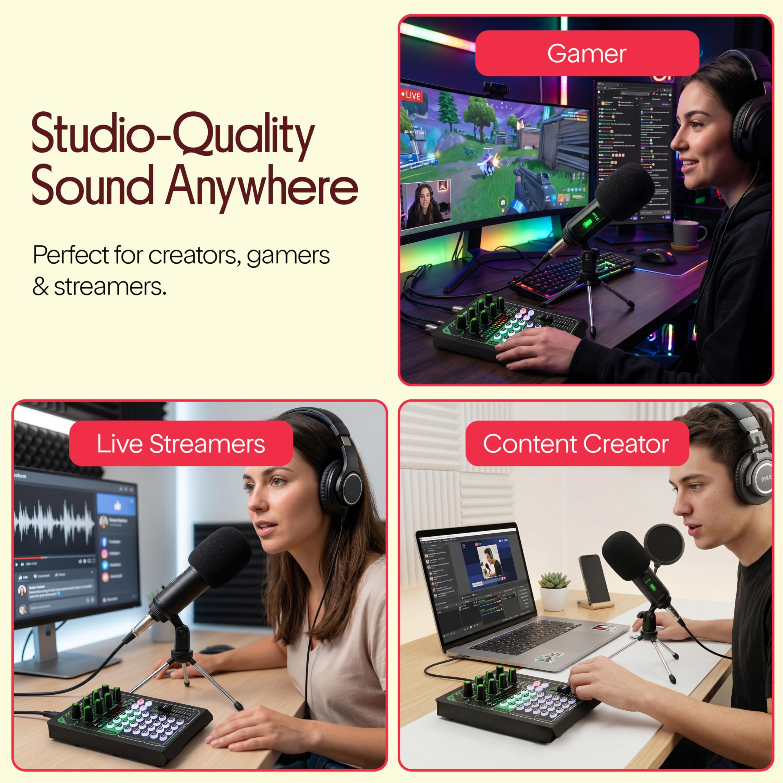 Pyle Tarjeta de sonido portátil Bluetooth para transmisión en vivo, interfaz de audio profesional, condensador mezclador de DJ con juego de micrófono, para transmisión de podcasts, estudio, grabación