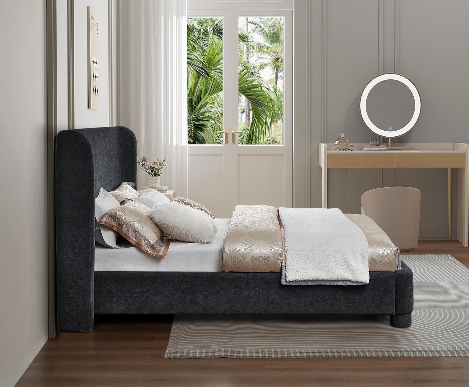 Meridian Furniture B1207Black-K Penny Collection Modern | Contemporary King Bed with Rich Black Chenille Fabric, Curved Headboard, 87" W x 88" D x 52" H, Black, King