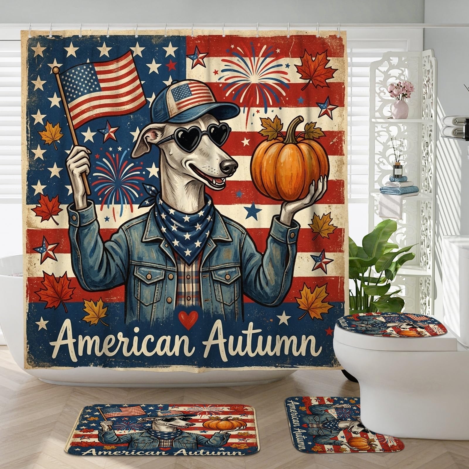 Décoration de salle de bain patriotique et mignonne : lot de tapis lévrier pour une ambiance cosy