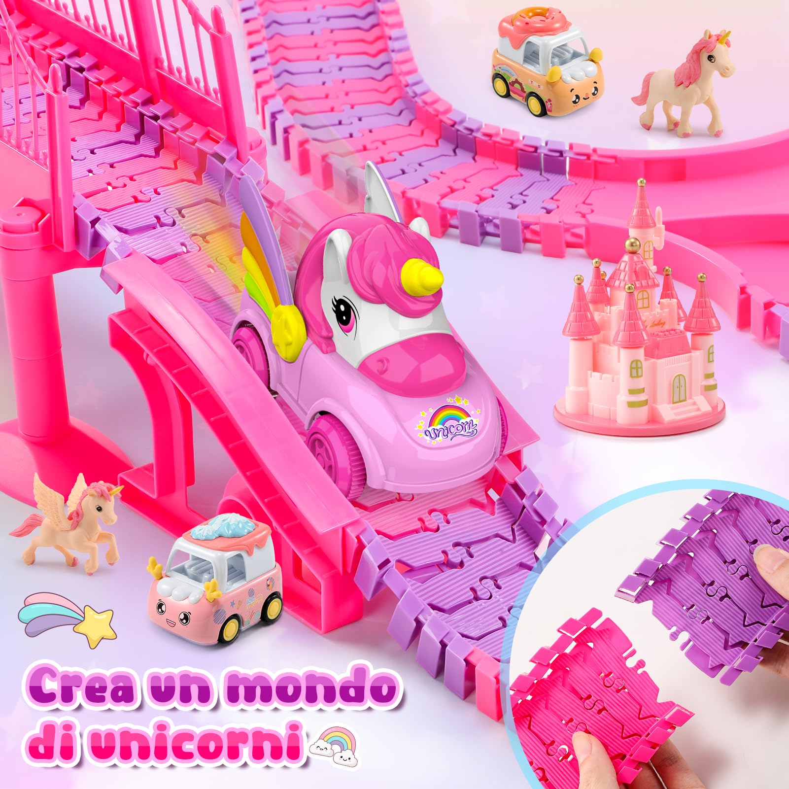 iKidiki Unicorno Bambina Regalo 3 4 5 6 7 8 Anni, Pista Macchinine Giochi Bambina 3-8 Anni Femmina Piste Macchinine per Bambini Giocattoli Bambinas Gioco Bimba Regalo Bambinas Regali Natale