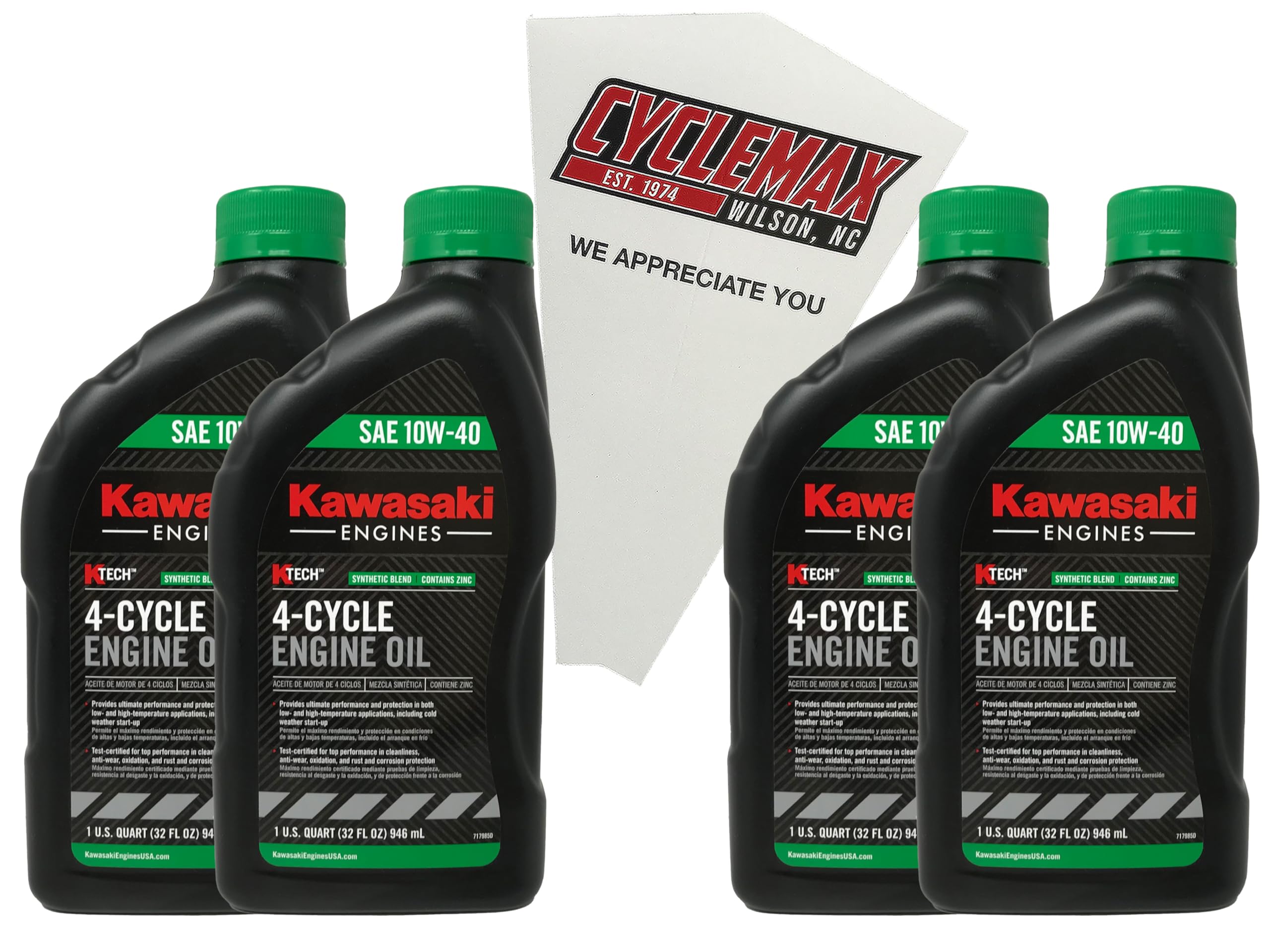 Four Pack compatible with Kawasaki KTECH SAE 10W40 4 Cycle Lawnmower Oil 99969-6296 Contains Four Quarts and a Funnel