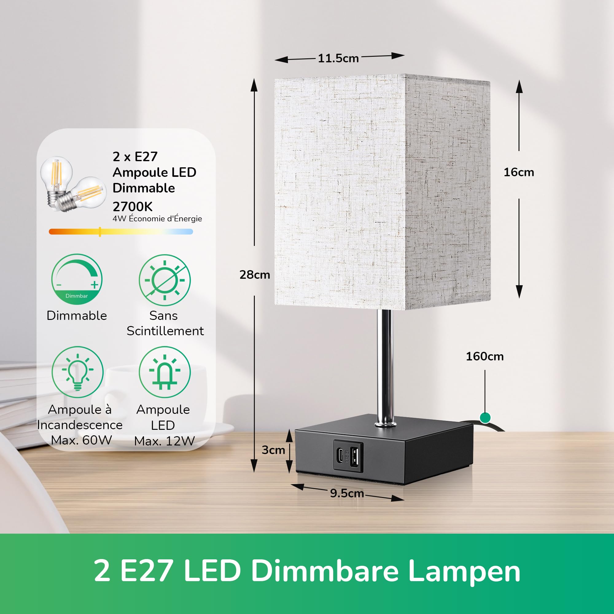 EDISHINE 2 lampy stołowe, regulator dotykowy, 2 USB, beżowy owies | Żarówka LED 2700K w zestawie, funkcja ładowania, 5 V/2,1 A, do sypialni, salonu, parapetu, 28 cm