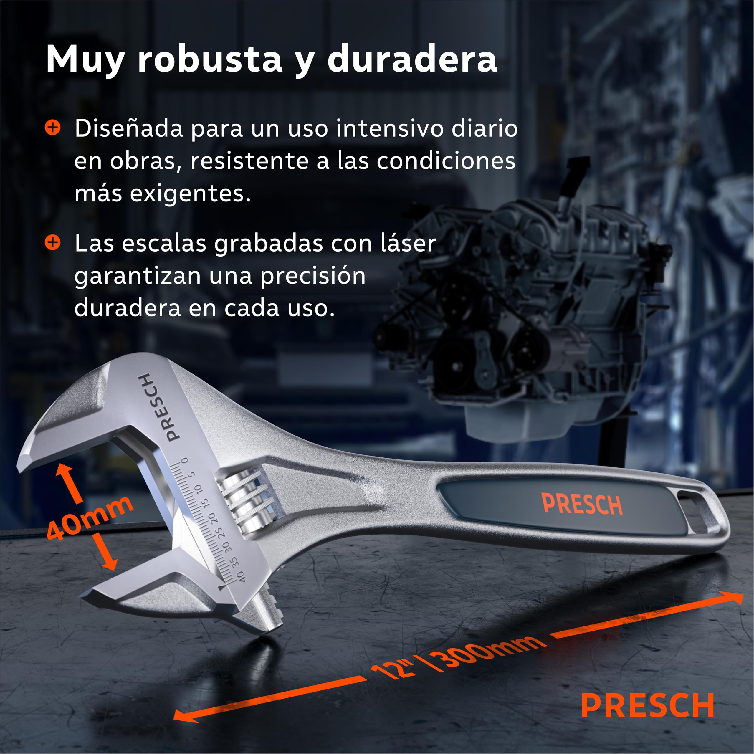 PRESCH Llave ajustable 300mm - Escala grabada con láser de 40mm (métrica y pulgadas) - Fresado de precisión para un agarre óptimo - Llave inglesa robusta - Herramienta de alta gama