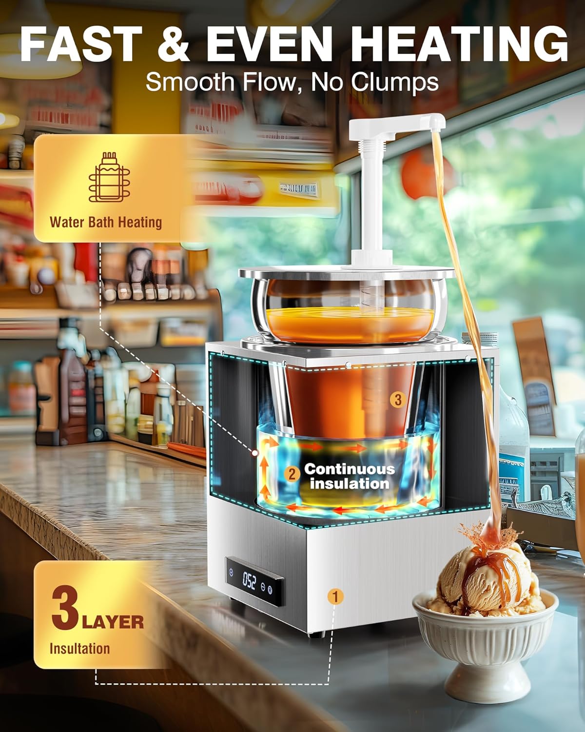 WantJoin Nacho Cheese Dispenser with Pump - 4.6Qt Nacho Cheese Warmer Commercial Hot Fudge Dispenser W/5-Level Temperature Adjustment for Stainless Steel Hot Fudge Warmer, Cheese Caramel