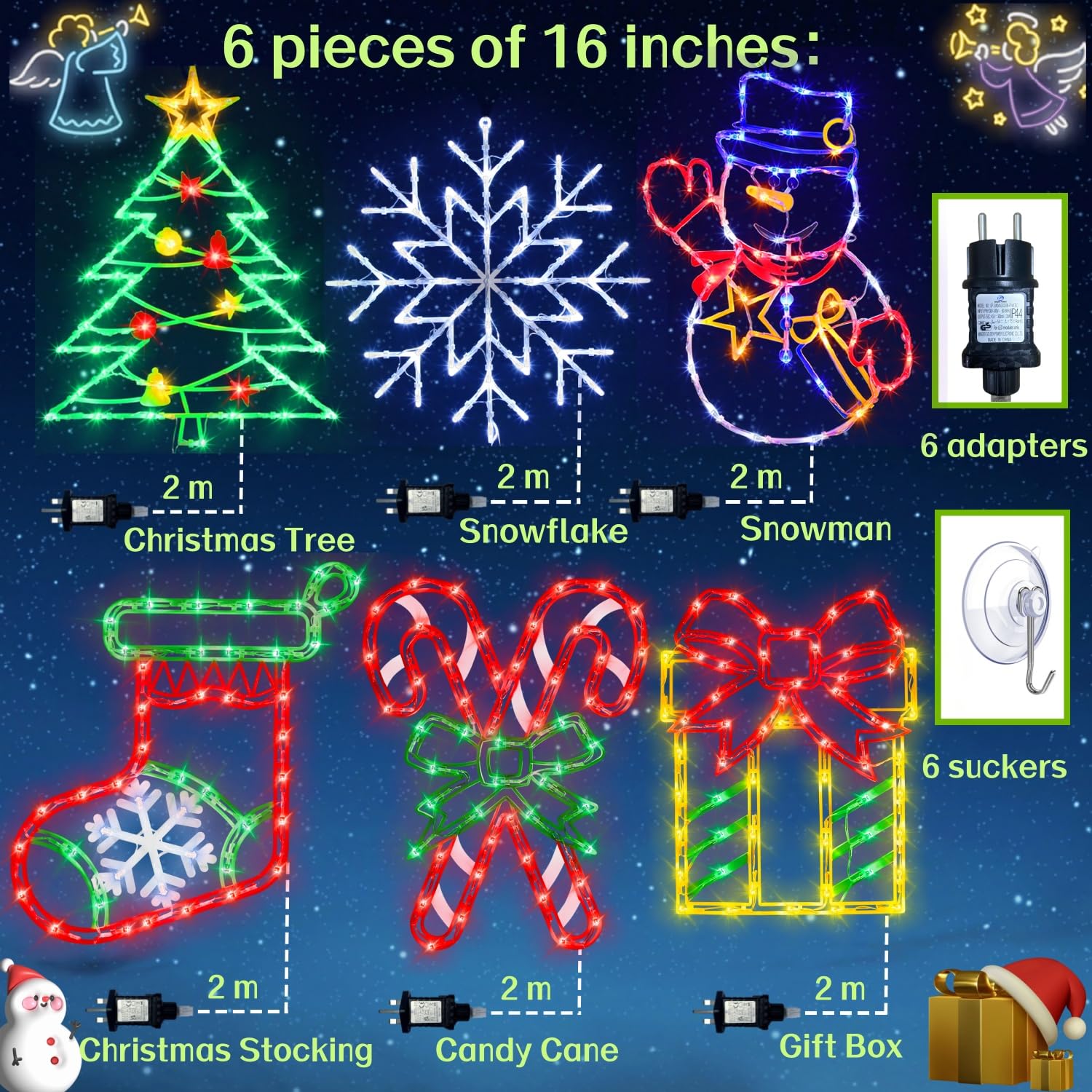 Set di 6 decorazioni natalizie luminose per finestra con presa EU