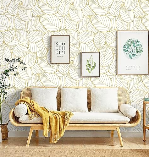 Miniatura 4 de Kitico Papel tapiz de 17.7 pulgadas x 118 pulgadas, papel de contacto dorado, hojas bohemias, autoadhesivo, impermeable, para pared y hogar