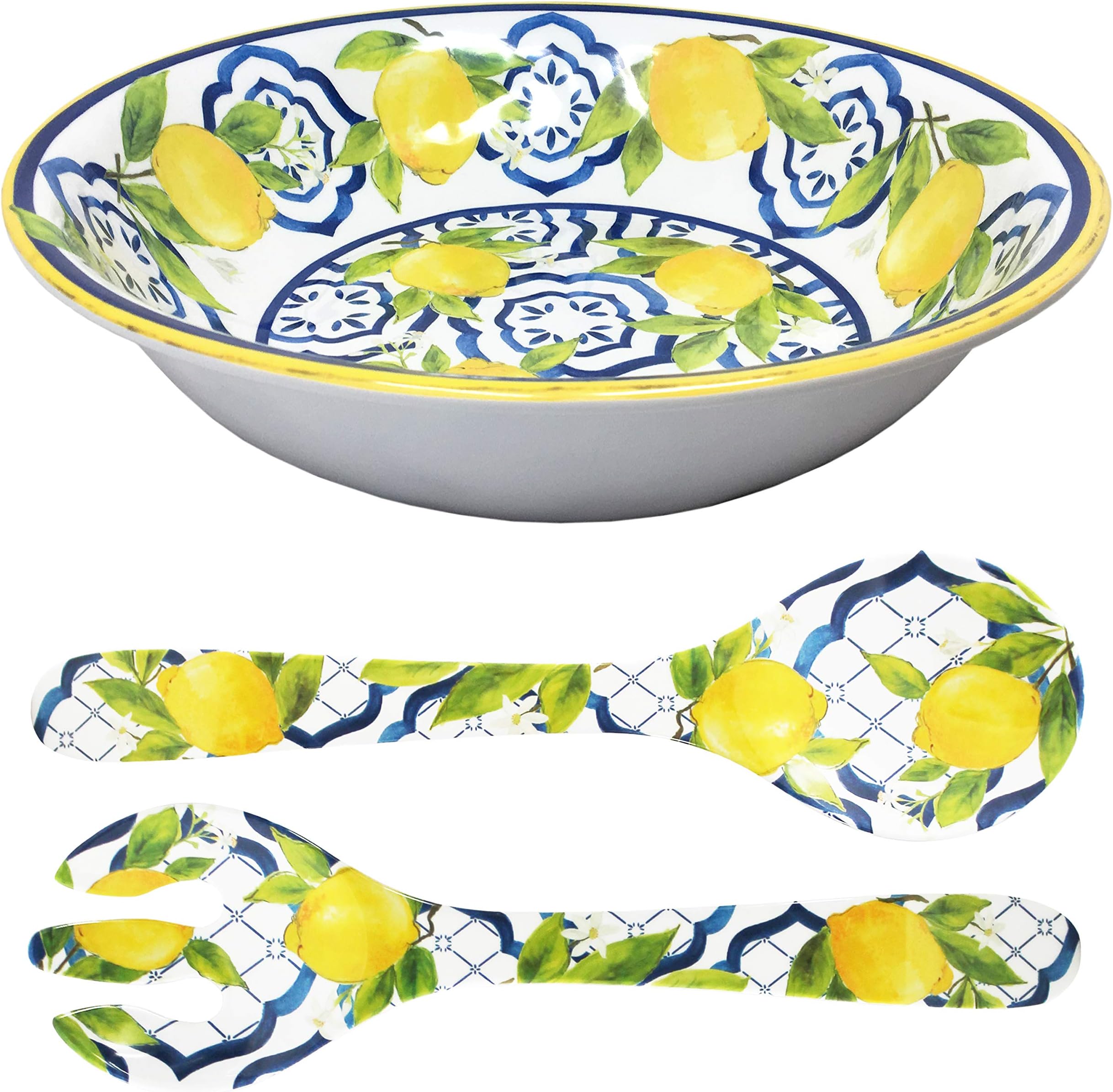 Melamine 13.75 Inch Salad Bowl and Servers Set, Palermo