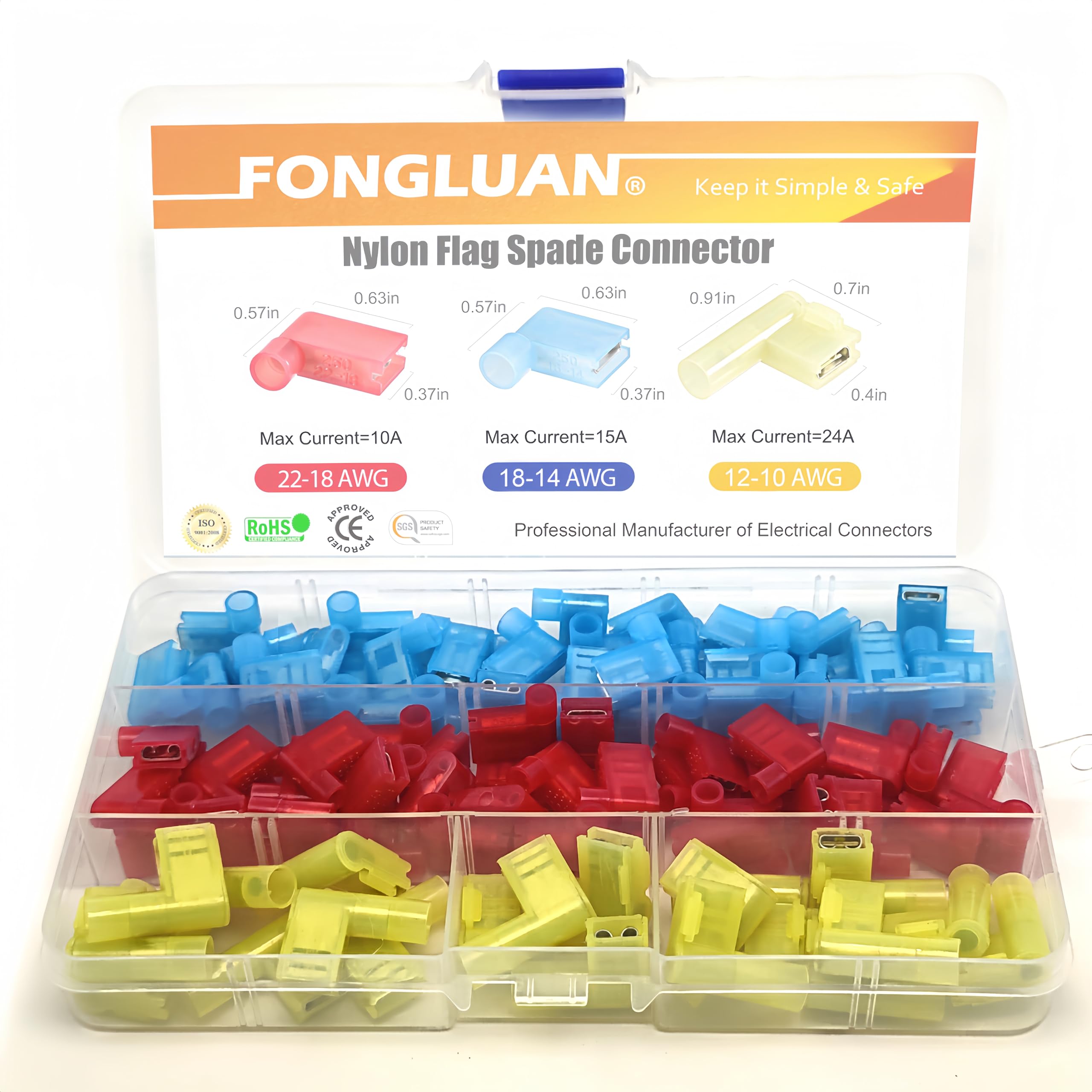 100pcs Nylon Flag Spade Female Insulated Terminals 24-10 Gauge Quick Disconnects Electrical Crimp Terminals Connector Assortment Set