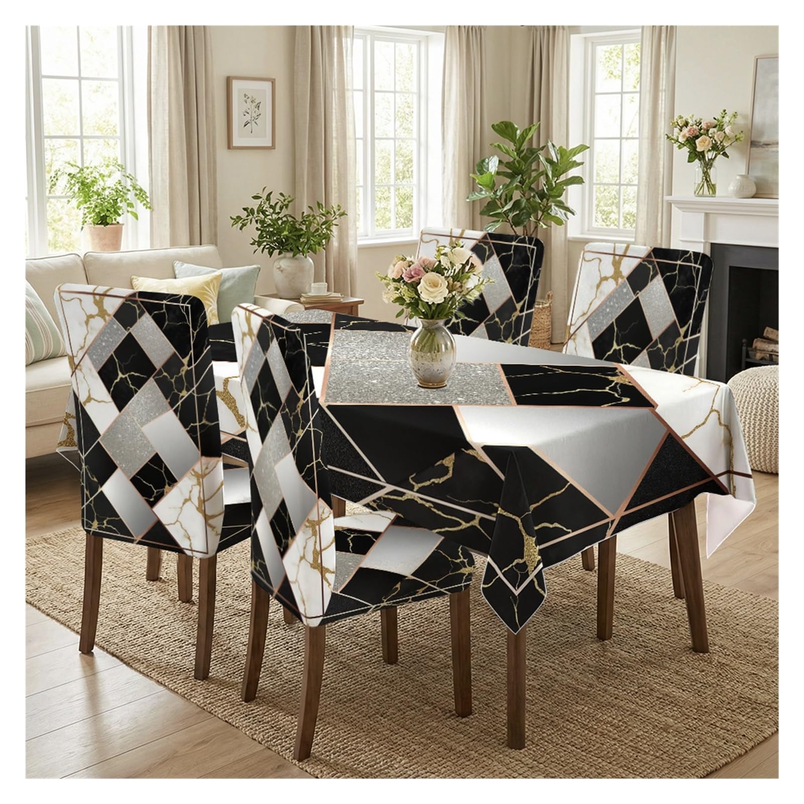 KXUAUV Luxury Marble Gold Foil Geometric Print Tablecloth And Chair Covers Set, Stretch Slipcovers For Modern Dining Room Decor, 5/7 Pack Party Decor(5pcs Set: Tablecloth+Chair Covers)