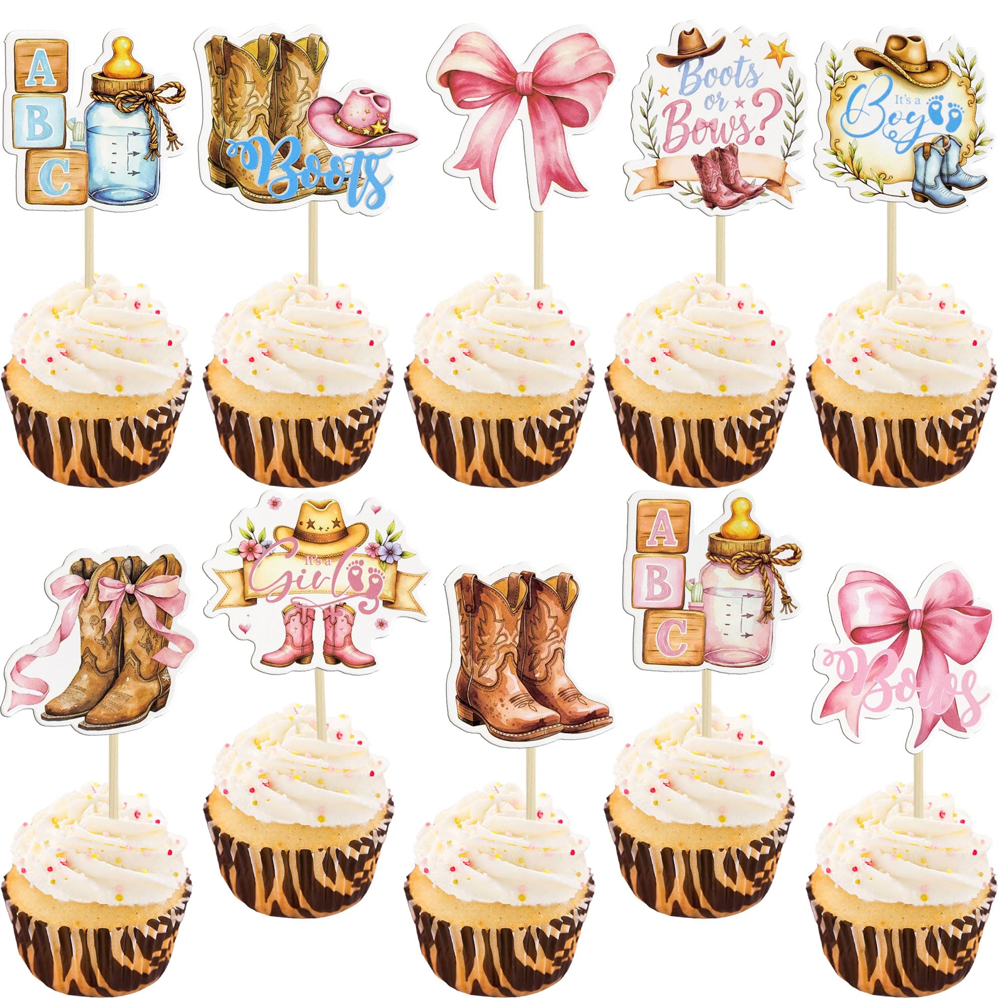 Ephlyn 40Pcs Boots or Bows Cupcake Toppers Double Sided Western Cowboy or Cowgirl Cupcake Picks Gender Reveal Decorations for Baby Shower Boys Girls Birthday Party Supplies Coffee Pink