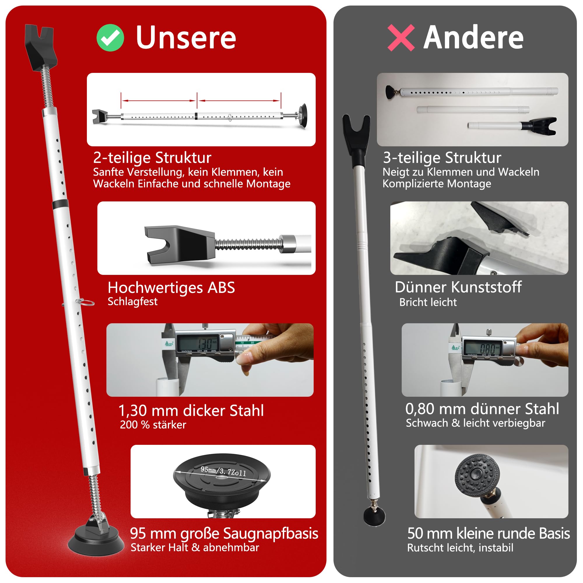 3-H 2X Türsicherung Einbruchschutz ohne Bohren,Teleskopstange 77-122cm,Weiß | Klemmstange aus Stahl mit Tragetasche, Sicherheitsstab für Haus- Wohnungs- Terrassen- und Schiebetüren als Türverriegelung