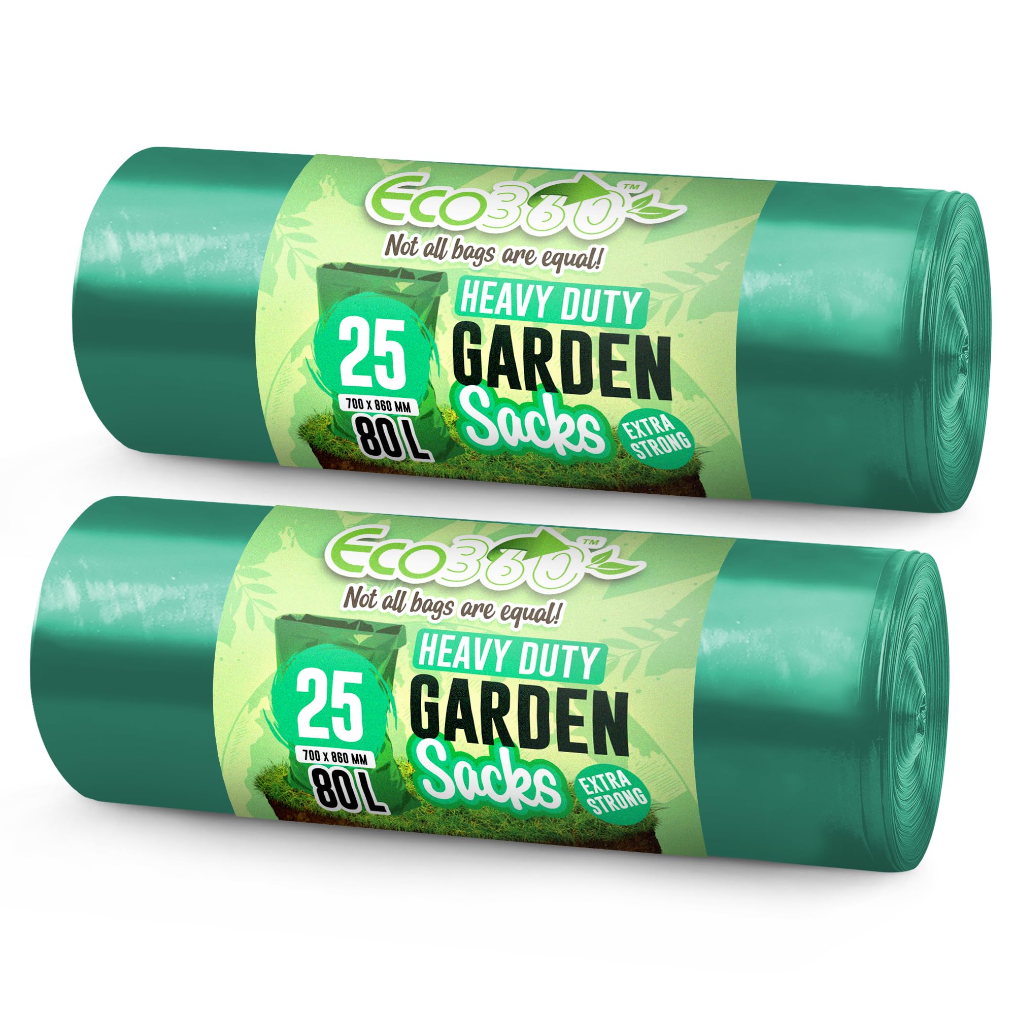 Ecobag Green - 50 Pack Extra Strong Heavy Duty Garden Sacks - 80L - 30 Microns - Recyclable, Leak Resistant & Eco-Friendly, Durable Garden Waste Disposal Bags For Household & Commercial Use (700X860mm)