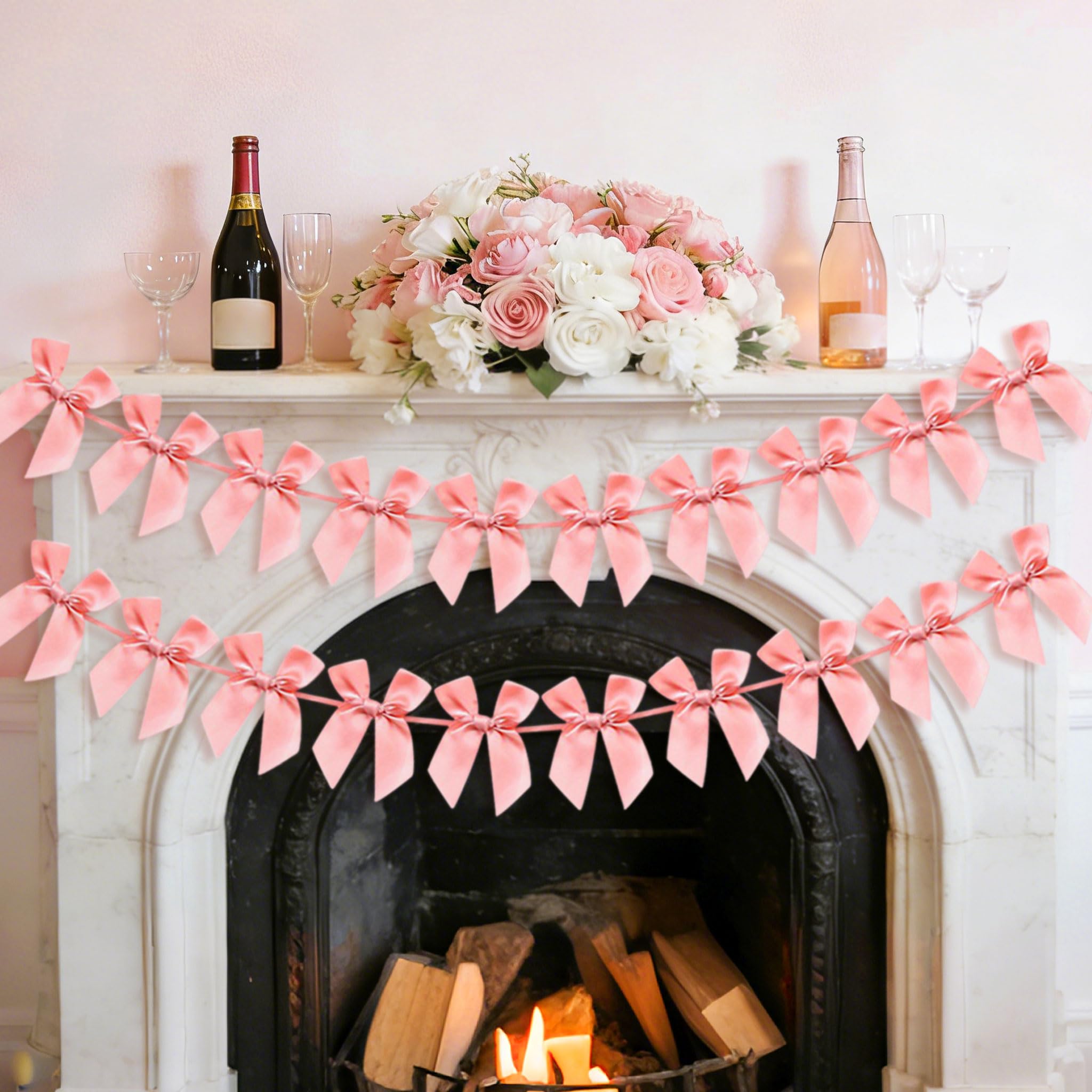 2 PCS Pink Bow Garland Banner Coquette Ribbon Party Decorations for Birthday Bridal Shower Wedding Engagement Baby Shower Supplies
