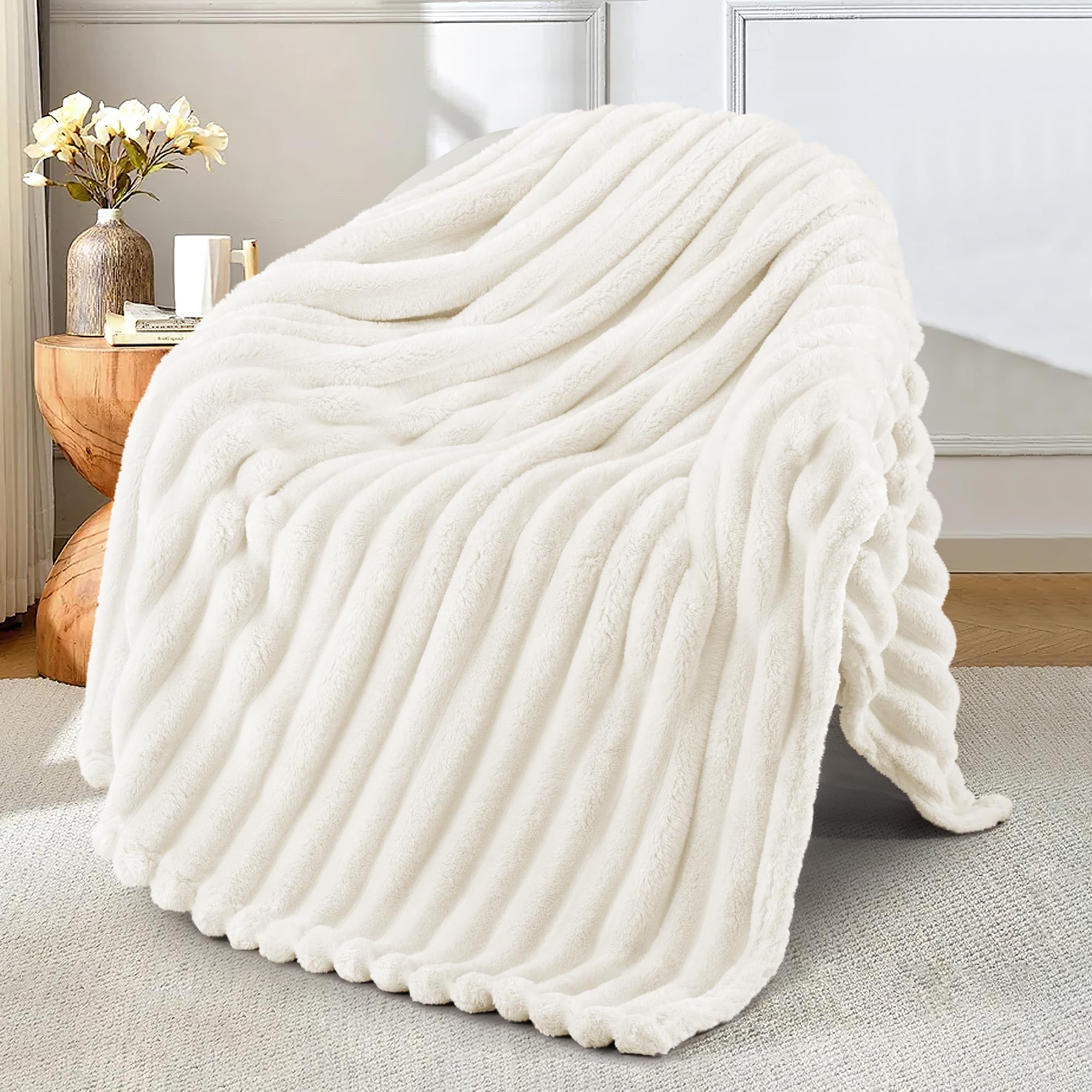 Fleece Throw Blanket for Couch, Super Soft Striped Jacquard Bed Blanket, Lightweight Fuzzy Cozy for All Seasons, 50x60 Inches, Ivory