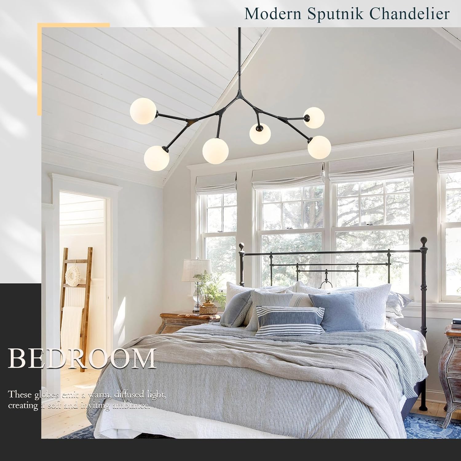 6 Lights Sputnik Chandelier for Dining Room L45’’ Black Modern Pendant Light Fixture with Milk Glass Shade Large Mid Century Chandeliers for Kitchen Island Living Room Foyer