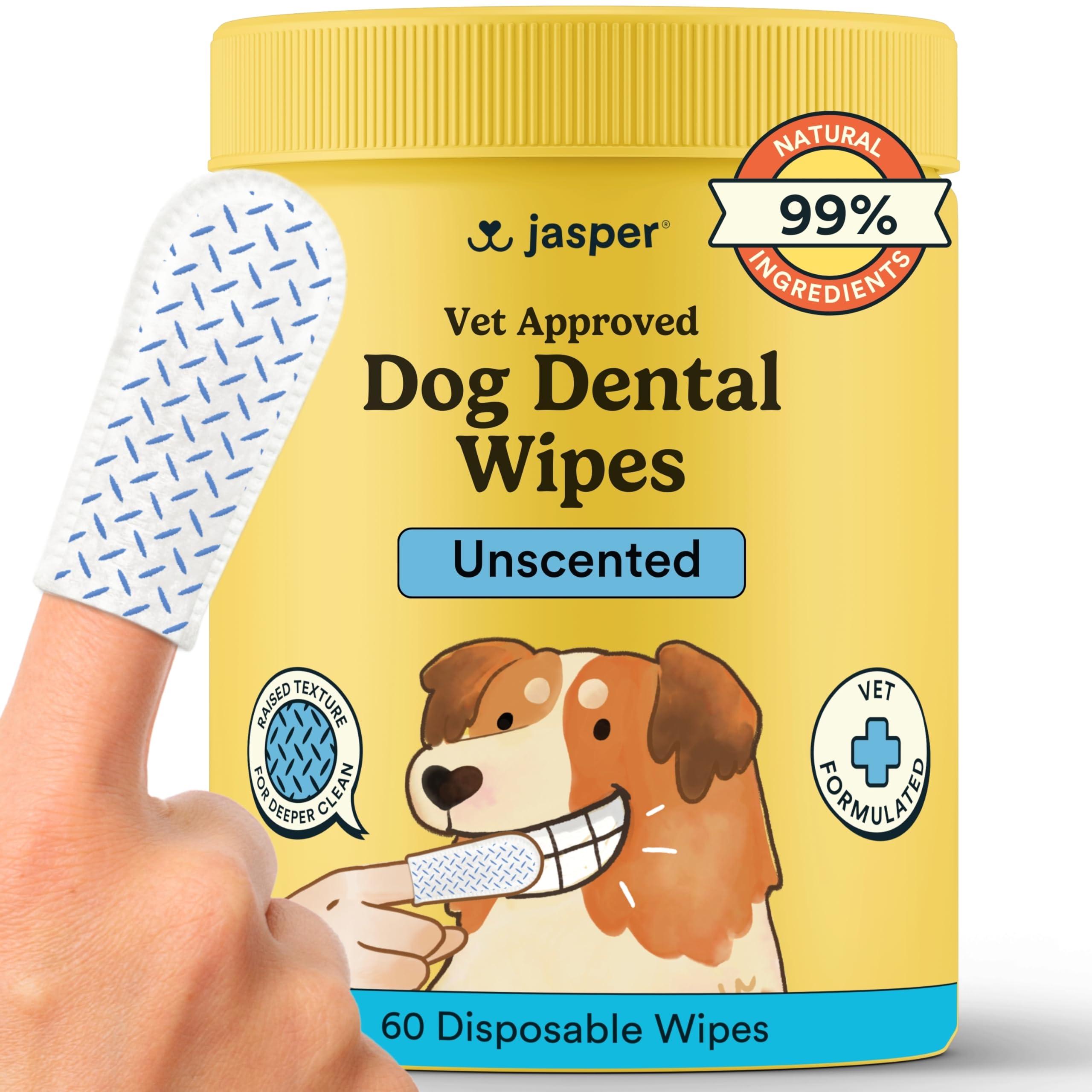 Jasper Dog Dental Wipes, Vet-Recommended All-Natural Finger Toothbrush Wipes for Dogs, Fresh Breath & Tartar Control in Seconds – No Brush and Toothpaste Needed, Unscented, 60 Count