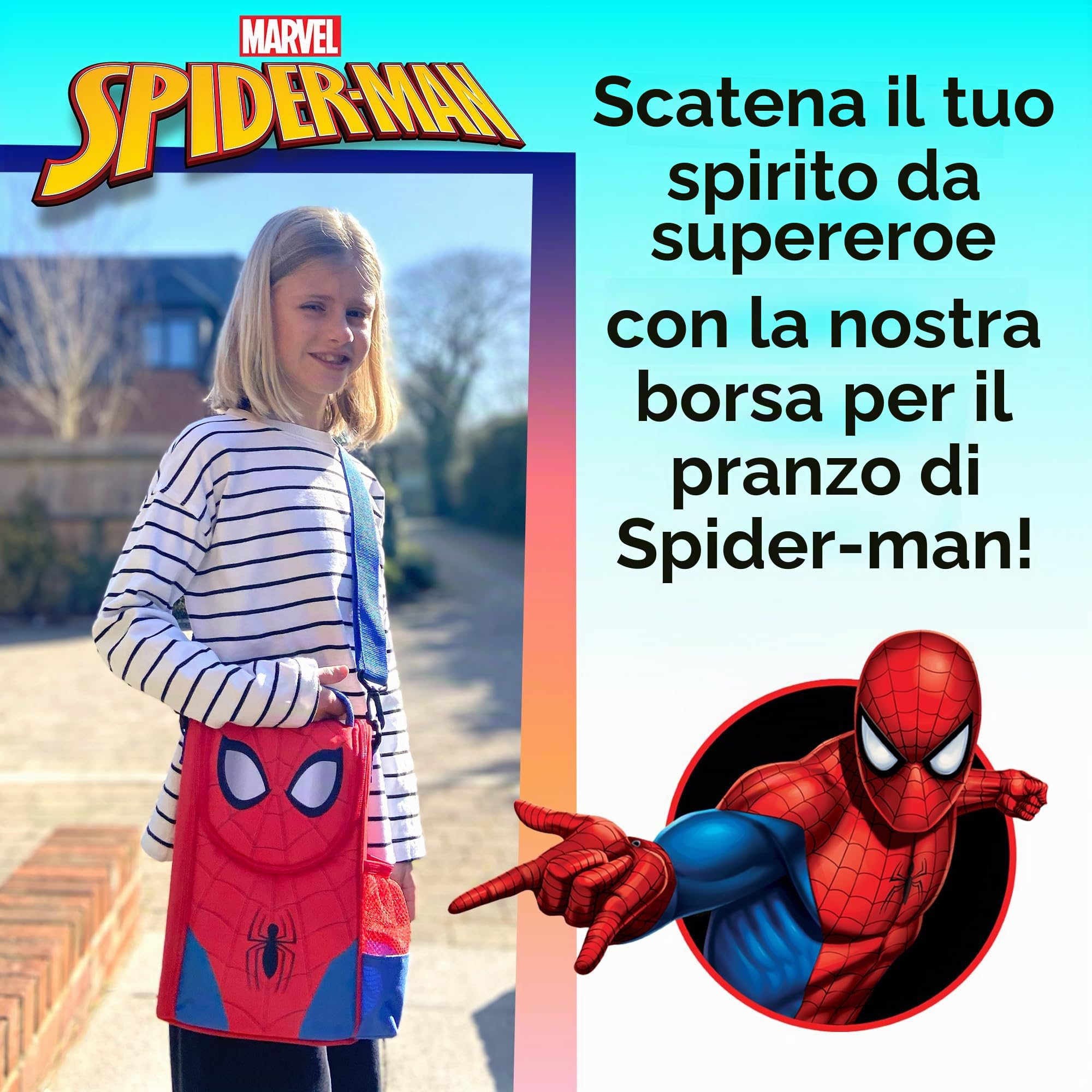 Marvel Borsa portapranzo Spiderman con tracolla e tasca laterale per bottiglia per bambini per la scuola isolata termica grande cibo Carier per ragazzi