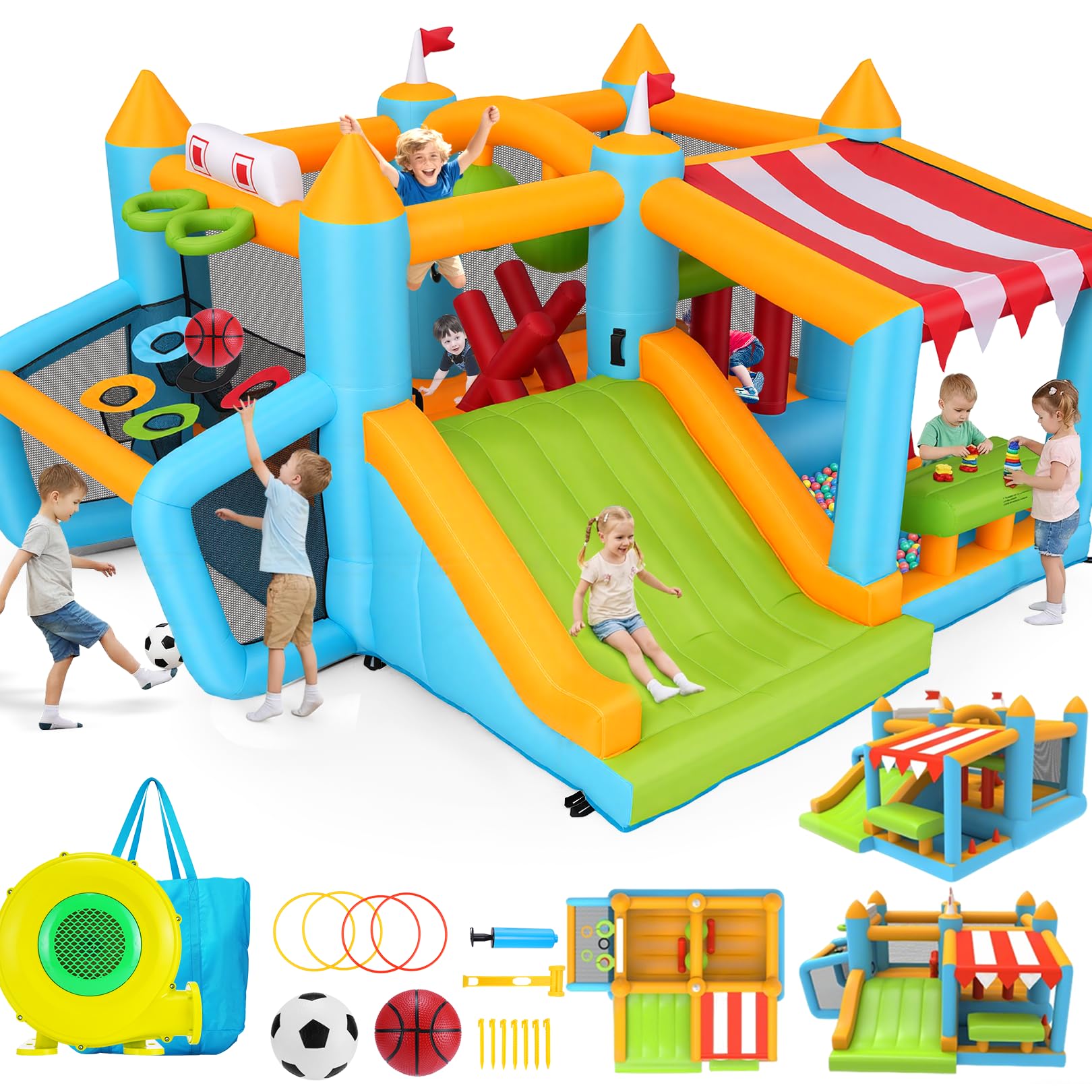 Château Gonflable avec Parcours d'obstacles pour Enfants de 3 à 12 Ans, 3,8 x 3,4 m, pour intérieur et extérieur, avec Toboggan, Piscine à balles, Surface de Saut, Terrain de Football, Panier de