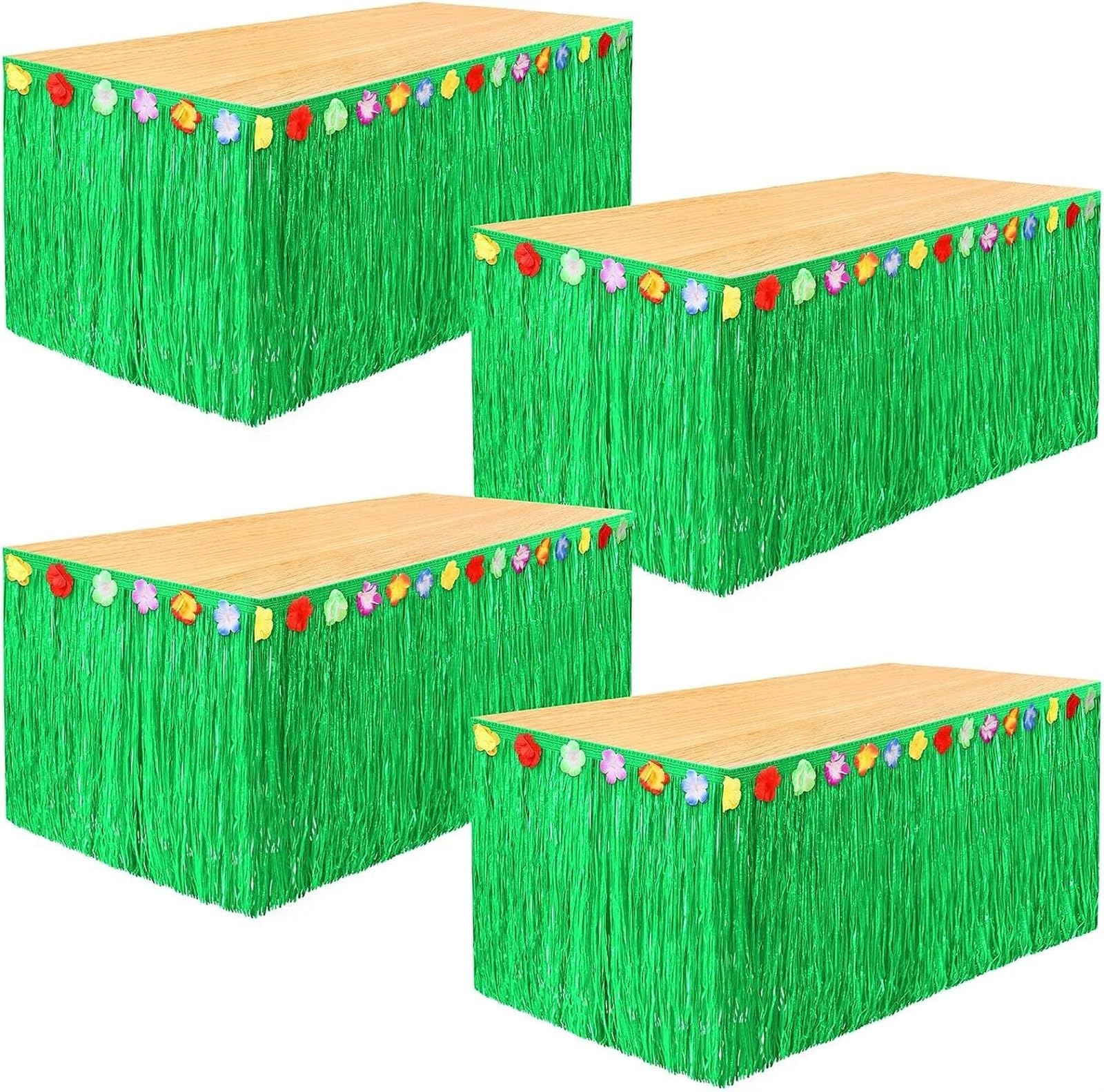 Falda de mesa hawaiana luau de rafia para decoración tropical de barbacoas, pack de 4 piezas