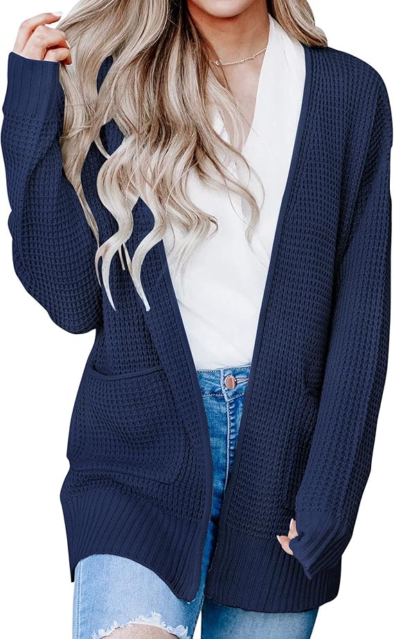 ZESICA Women's 2023 Fall Casual Long Sleeve Open Front Waffle Knit Sweater Cardigans Coat Outwear with Pockets