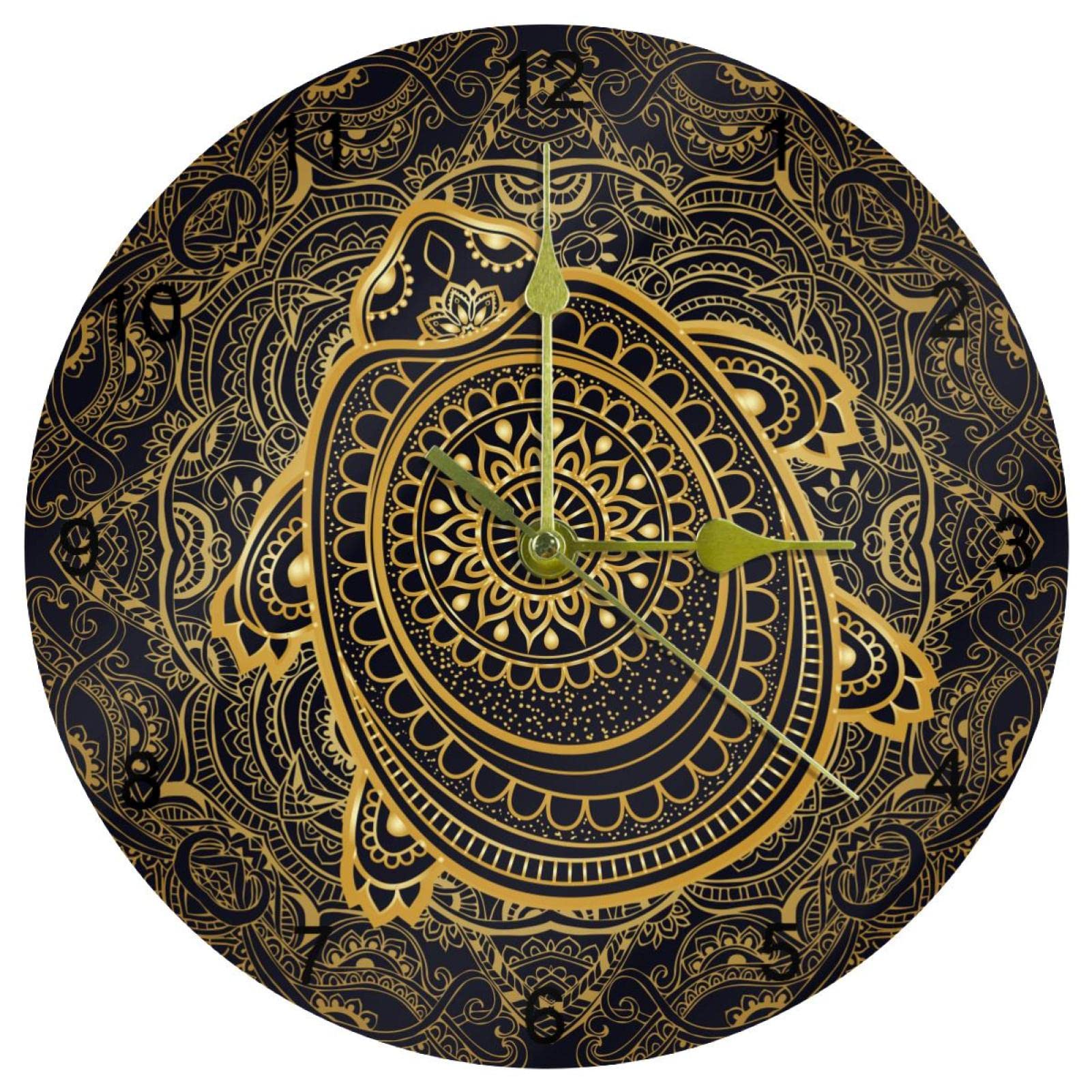 Horloge murale style bohémien tortue dorée ronde de 25,4 cm pour salon