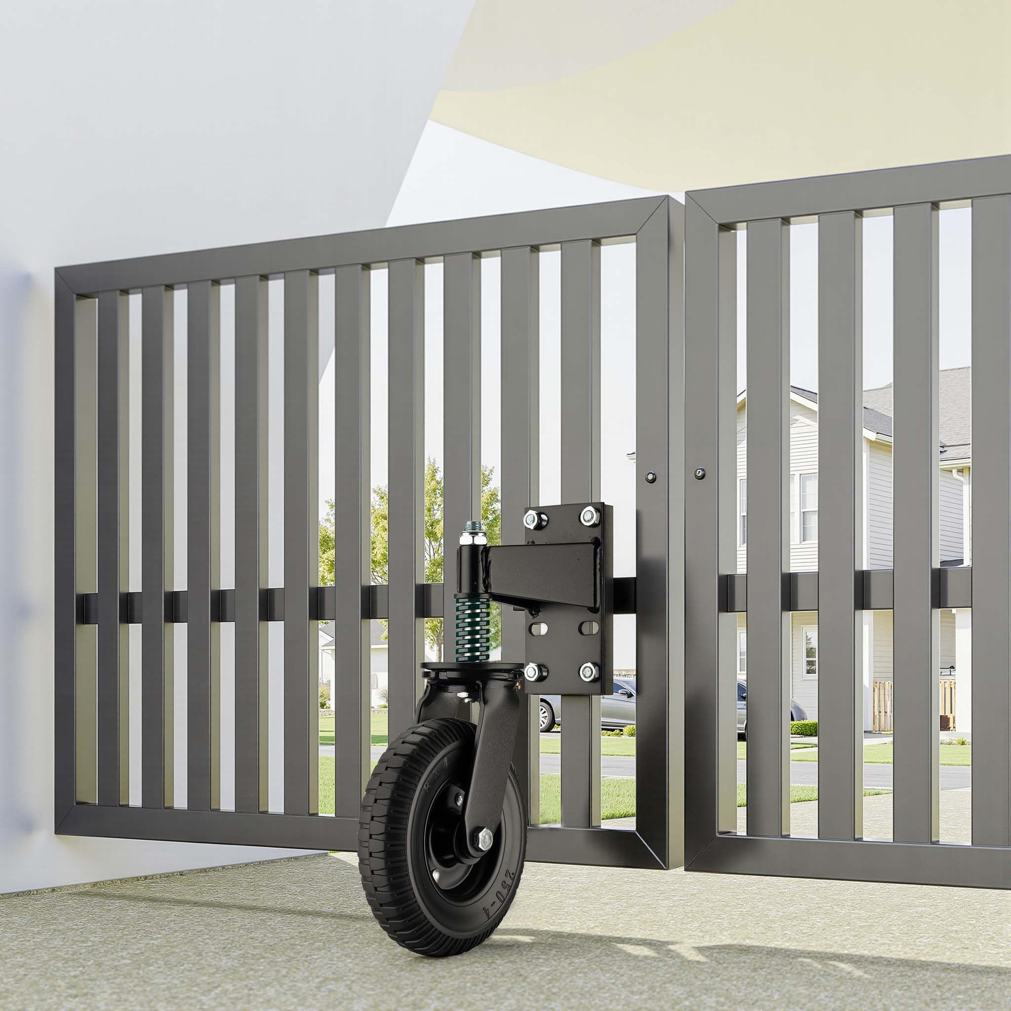Wiltec Rueda de puerta con muelle 200 mm Soporta hasta 275 kg Rueda giratoria para portón con freno, resiste intemperie y terreno irregular, recubrimiento en polvo