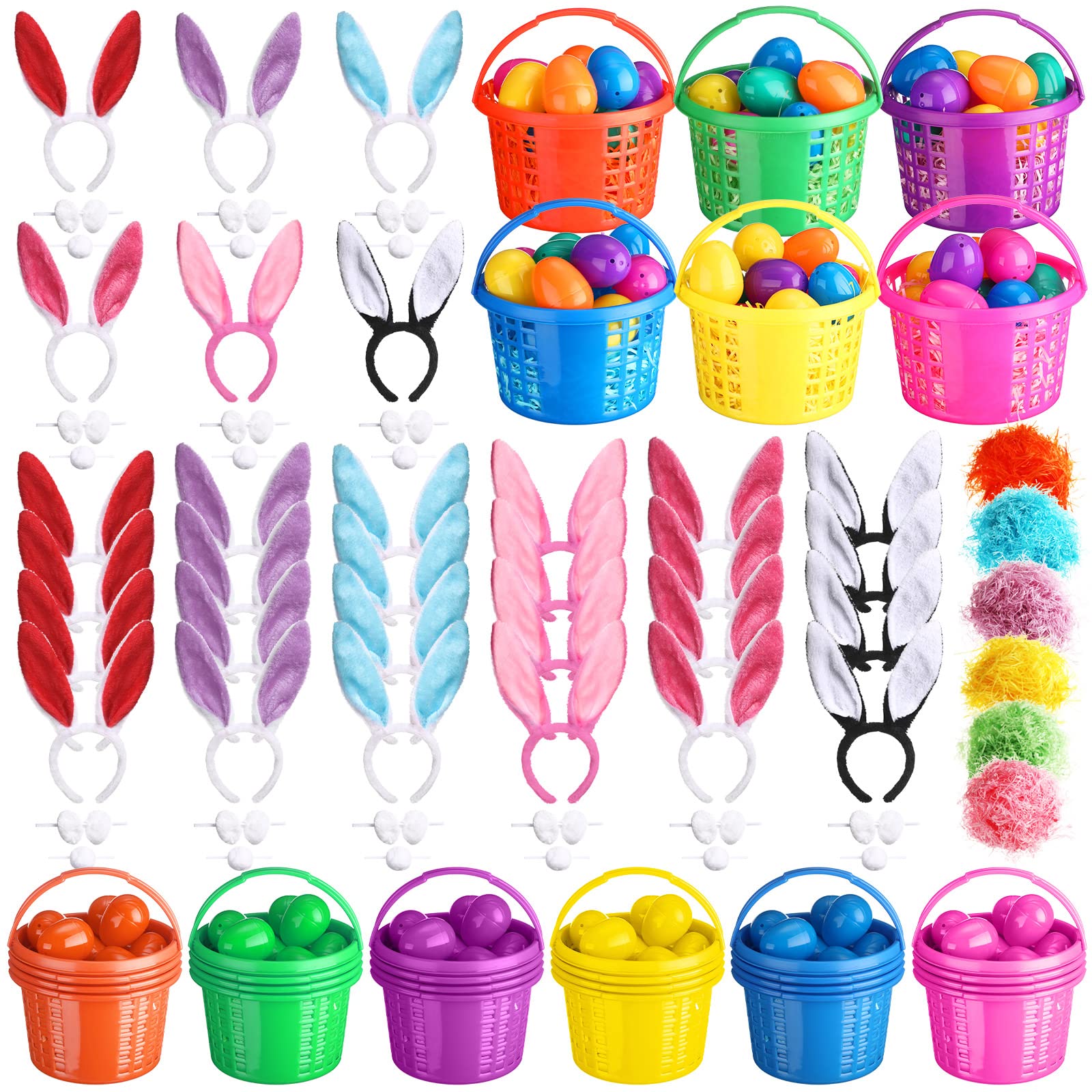 Photo 1 of 174 Pieces Easter Party Favors Set Easter Baskets for Kids with Handles Empty Plastic Easter Eggs Easter Raffia Grass, Easter Bunny Ears Headband with Tails Tie Set for Toddler Boys and Girls