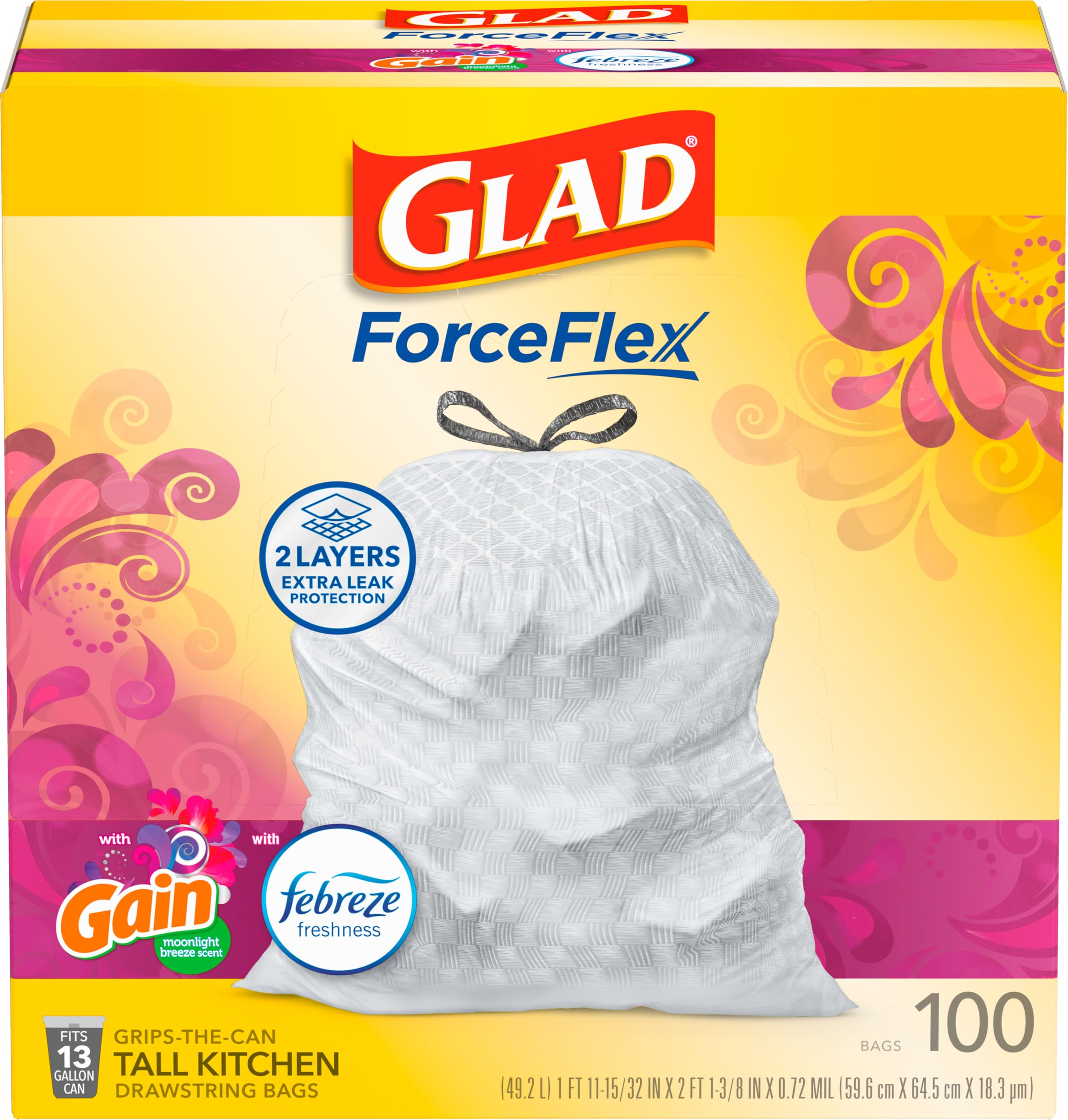 Glad ForceFlex Tall Kitchen Trash Bags, 13 Gallon, Gain Lavender, 110 Count (Package May Vary)
