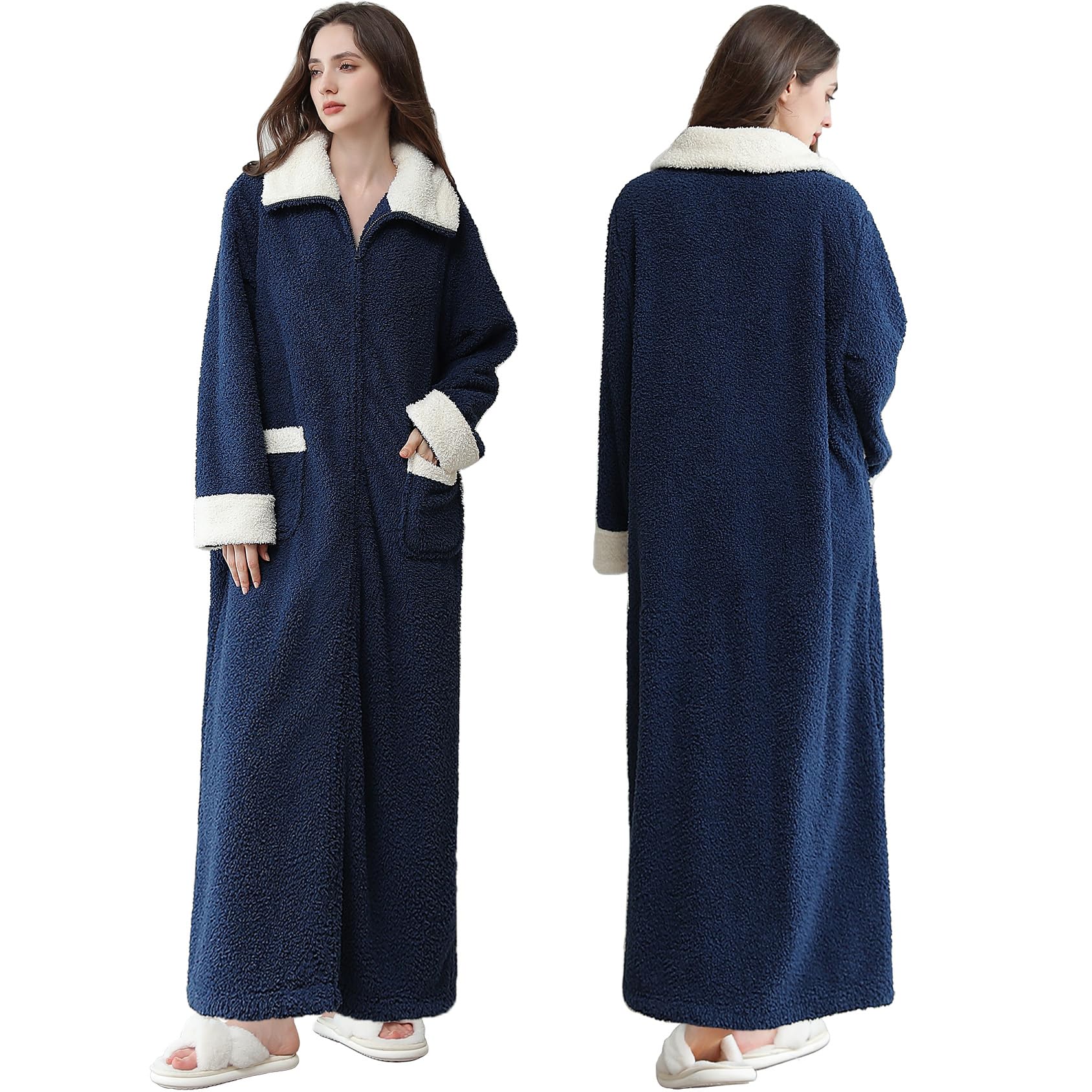 Oksun Womens Long Zipper Robe Full Length Soft Fleece Warm Bathrobe - Cozy Fuzzy Winter Housecoat Plus Size