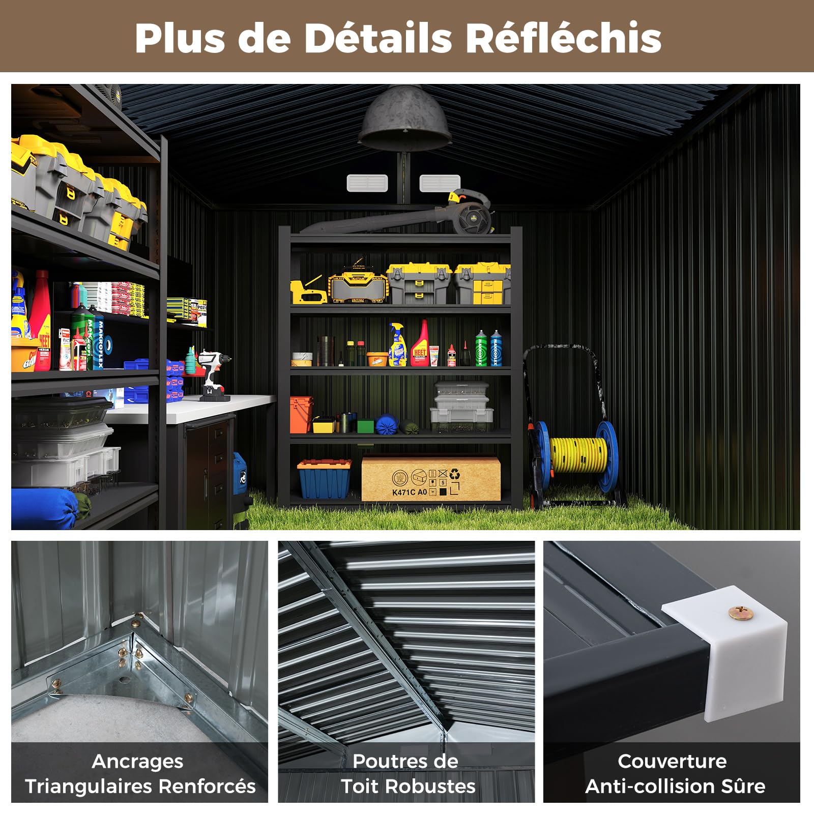 COSTWAY Abri de Jardin Métal 7.8 m², Toit Double Pente, Double Porte Verrouillable avec Clé, 4 Aérations, Cabane de Jardin Exterieur pour Vélo, Poubelle, Outil, Anthracite (7.8 m²)
