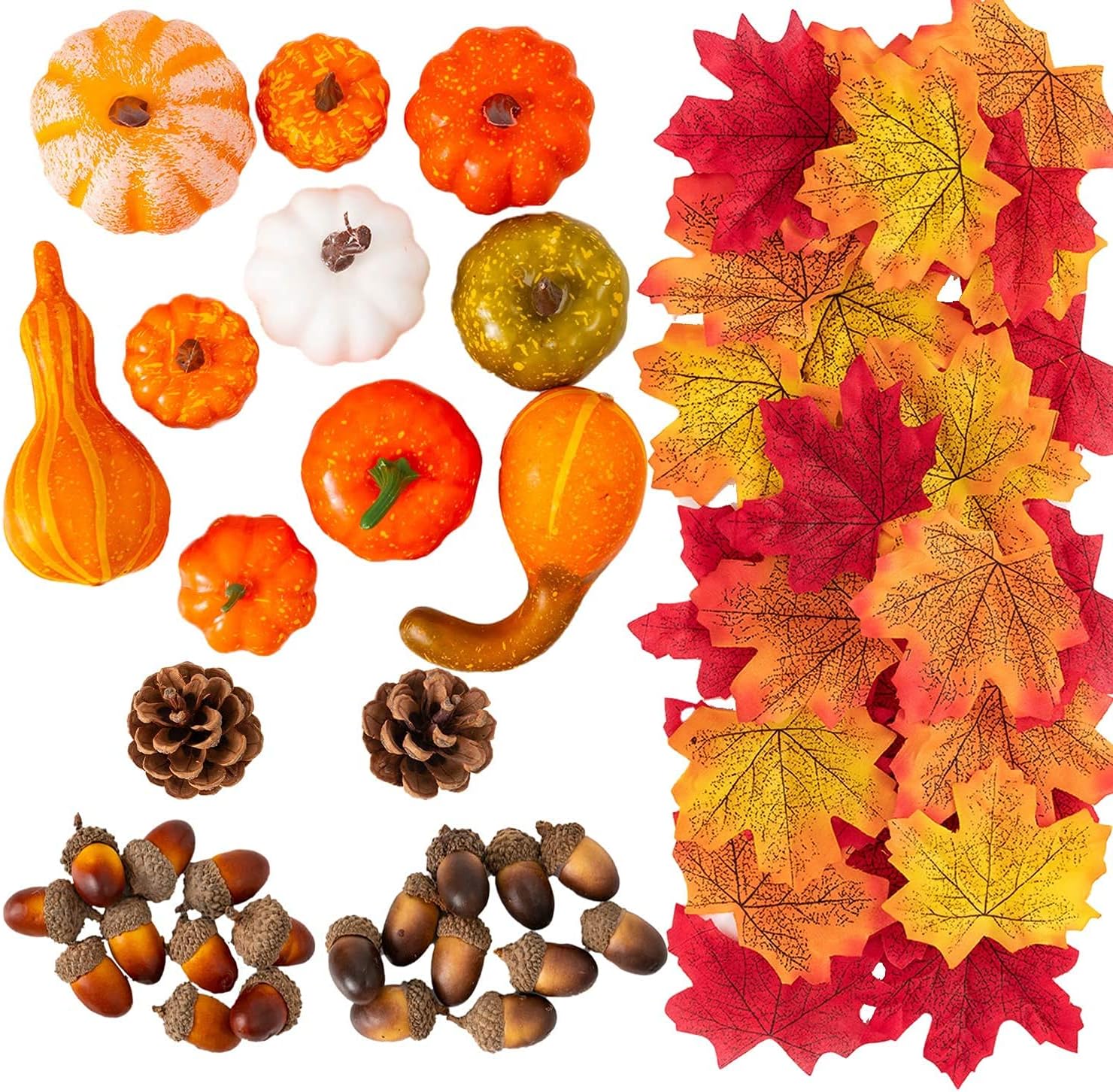 Jelofly 92 Pcs Assorted Mini Artificial Pumpkins and Gourds Maple Leaves Pine Cones Acorns Halloween Thanksgiving Fall Harvest Home Decoration