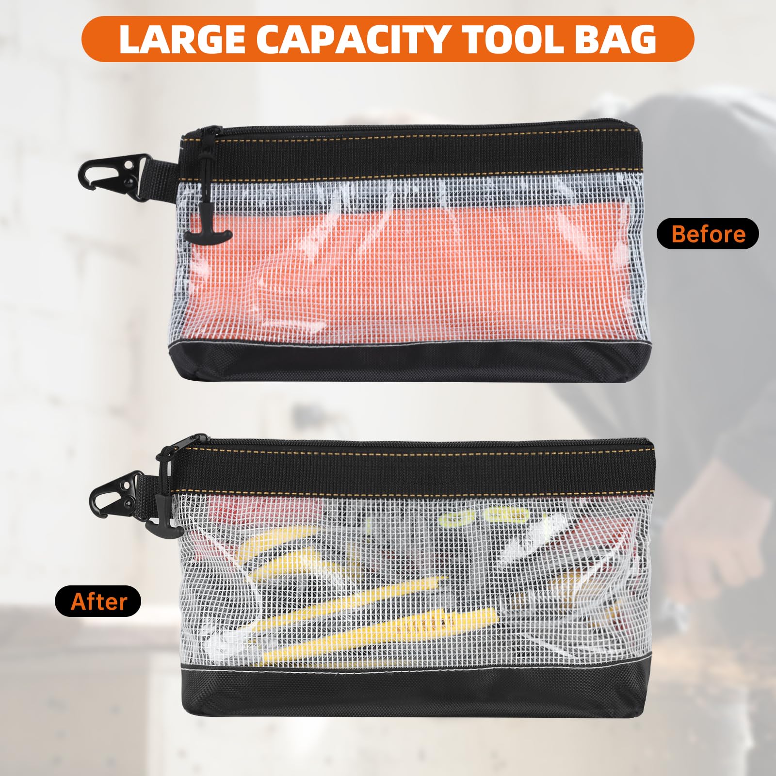 FRETONBA 2 Piezas Bolsa Herramientas Material De Pvc Transparente, Bolsa Impermeable y Antiestático, Gancho Metálico, Pochette Zippée Pour Outils Small Tool