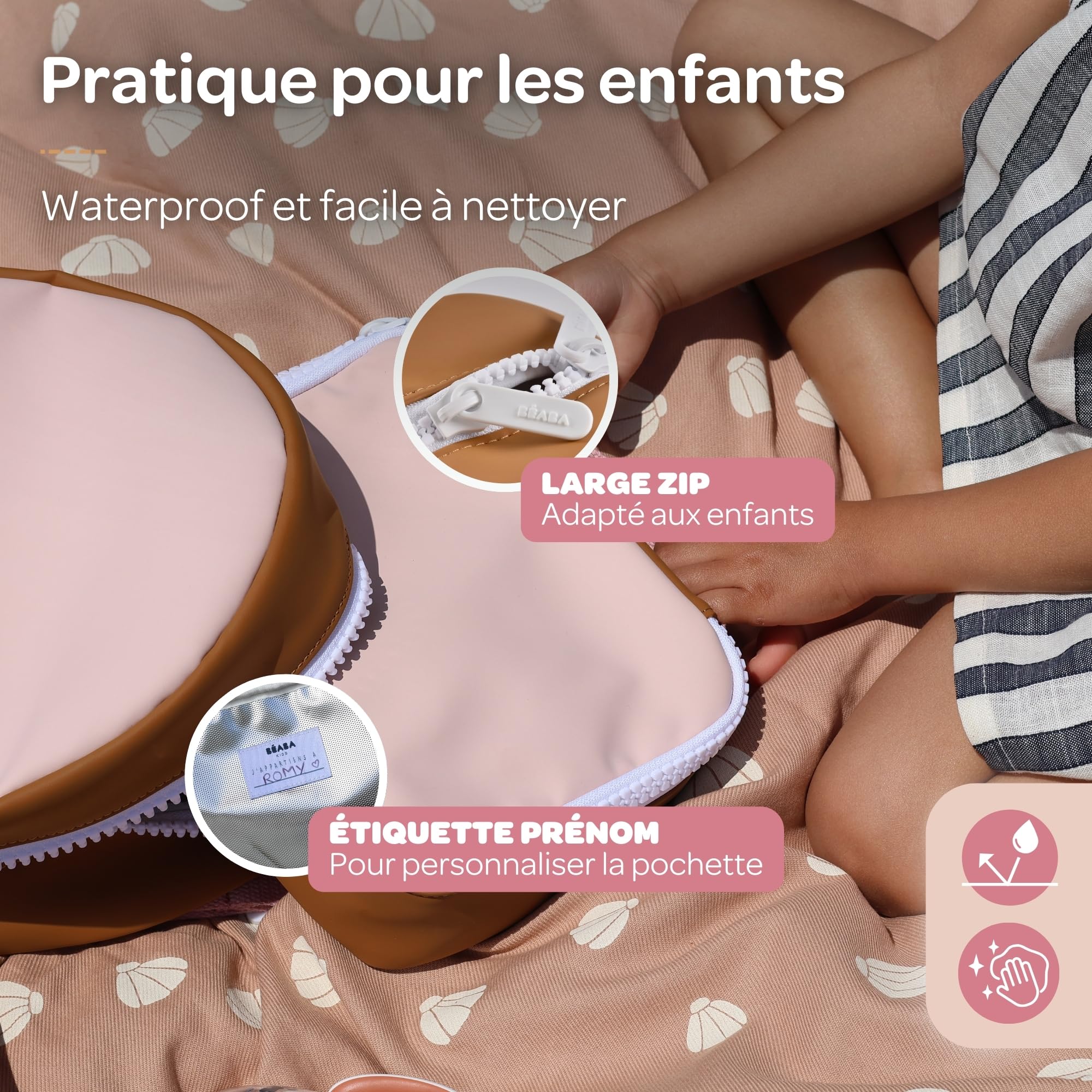 BEABA, Sac isotherme repas, Lunch box, Boite à Gouter, Isotherme, Waterproof, Etiquette Nom, Capacité 2,7L, Grand Zip, Effet Gomme, Faro, Dusty Rose
