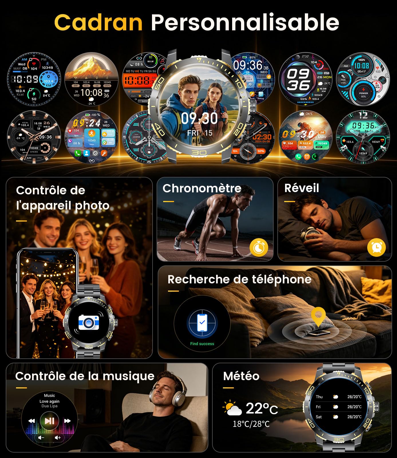 DREMAC Montre Connectée Homme 800 mAh Batterie, 1.43'' Amoled Montre Intelligent avec Fréquence Cardiaque/Suivi de Sommeil, IP68 Smartwatch avec 200 Modes Sportifs pour iOS/Android, 2 Bracelets