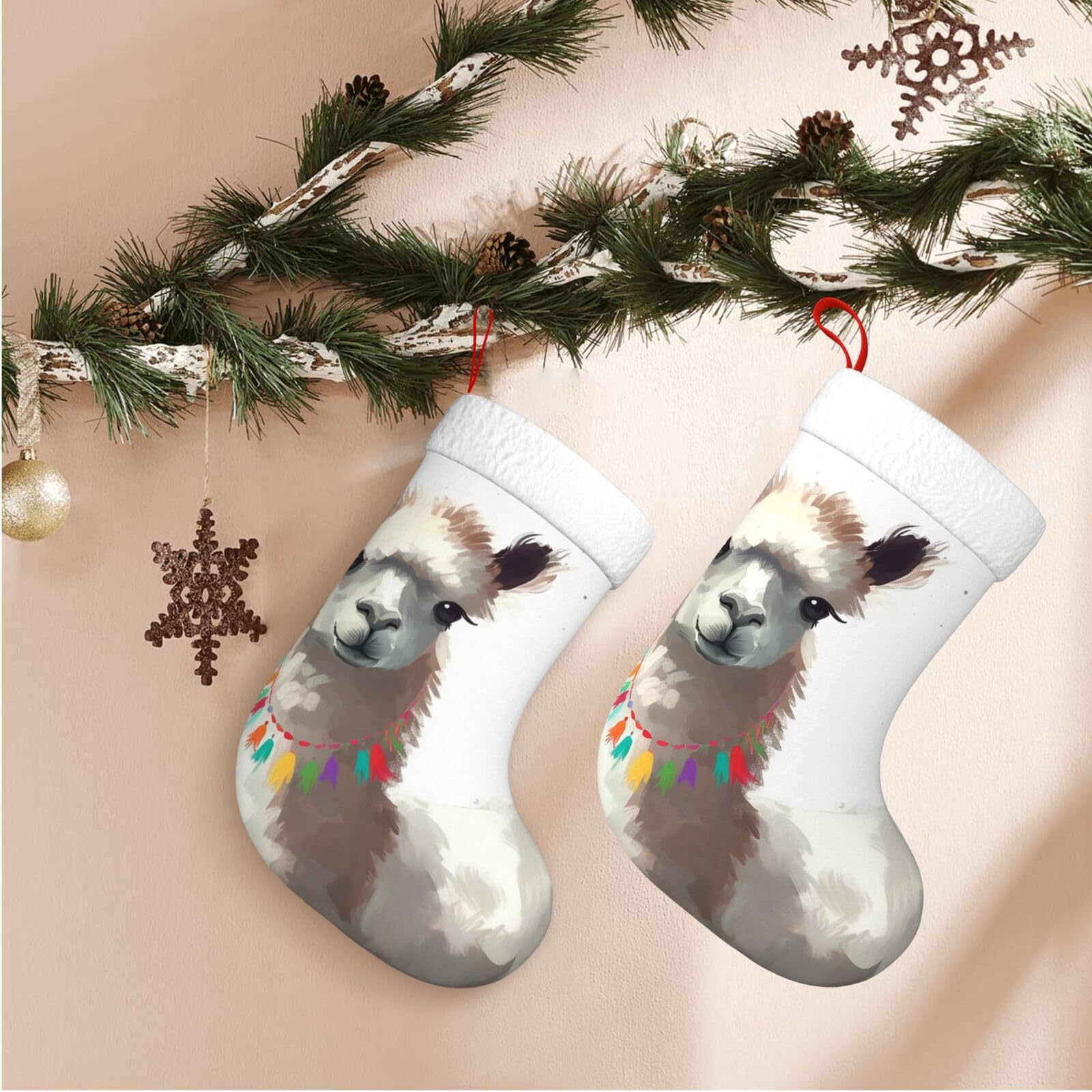 17.7" Christmas Stocking 1 Piece, Llama Xmas Stockings with White Plush Cuff Fireplace Hanging Stocking for Christmas Holiday Party Decoration