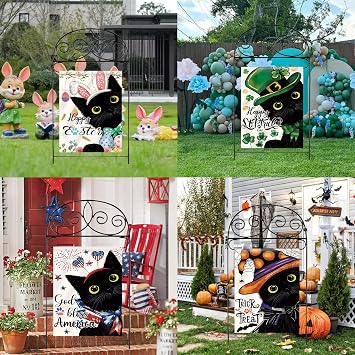 Cat Garden Flags Set of 11, Double Sided 12 x 18 Inch Black Cat Yard Flags | Small Cat Themed Garden Flag for Outside, Fall Summer Halloween Christmas Outdoor Flags, Holiday Garden Flags for All Seasons