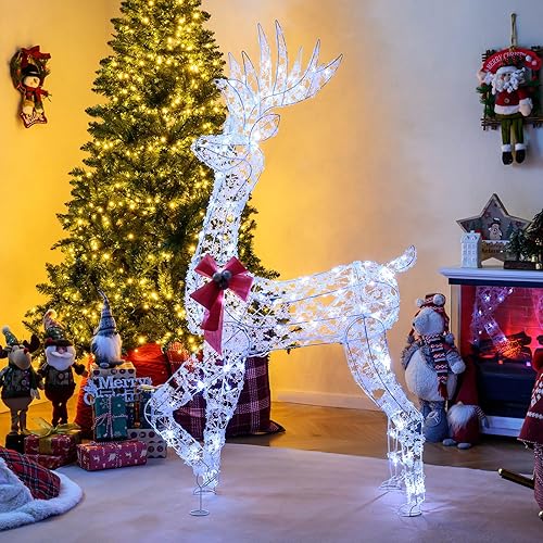 Vista 2 de Tangkula 5 FT Lighted Christmas Reindeer, 3D Standing Lighted Buck Deer with LED Lights, Indoor/Outdoor Lighted Holiday Decor for Yards Garden Lawn