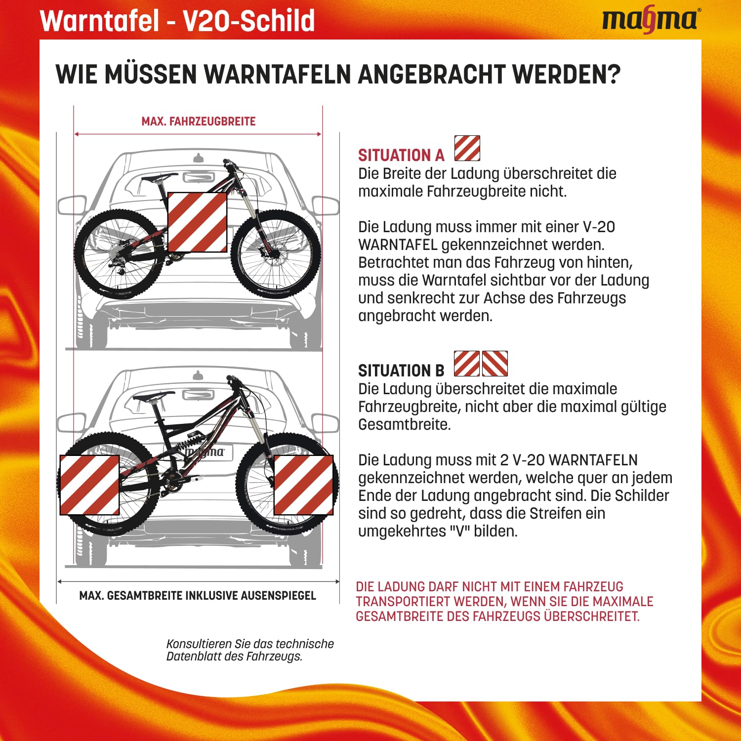 MAGMA Warntafel für hinten, Italien. Für Fahrradträger, Heckträger, Anhänger, Warnschild für Wohnwagen, Wohnmobil, Auto. Urlaub, Camping, Abschleppen Rot-weiße Streifen, reflektierend