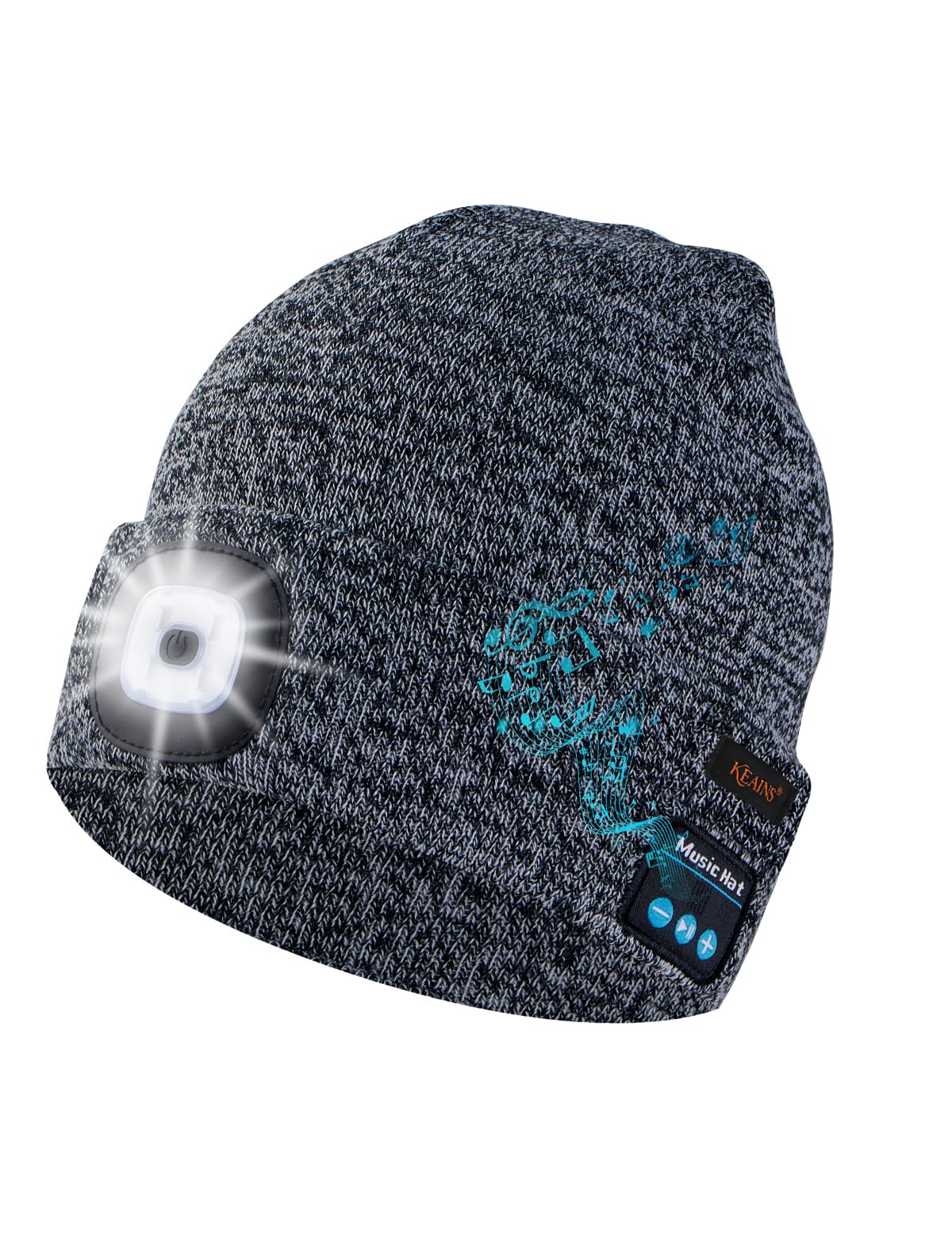 Keains Bluetooth Beanie with Light, Musical Knit Hat with Headphones and Built-in Speaker Mic, Gifts for Men Women Dad
