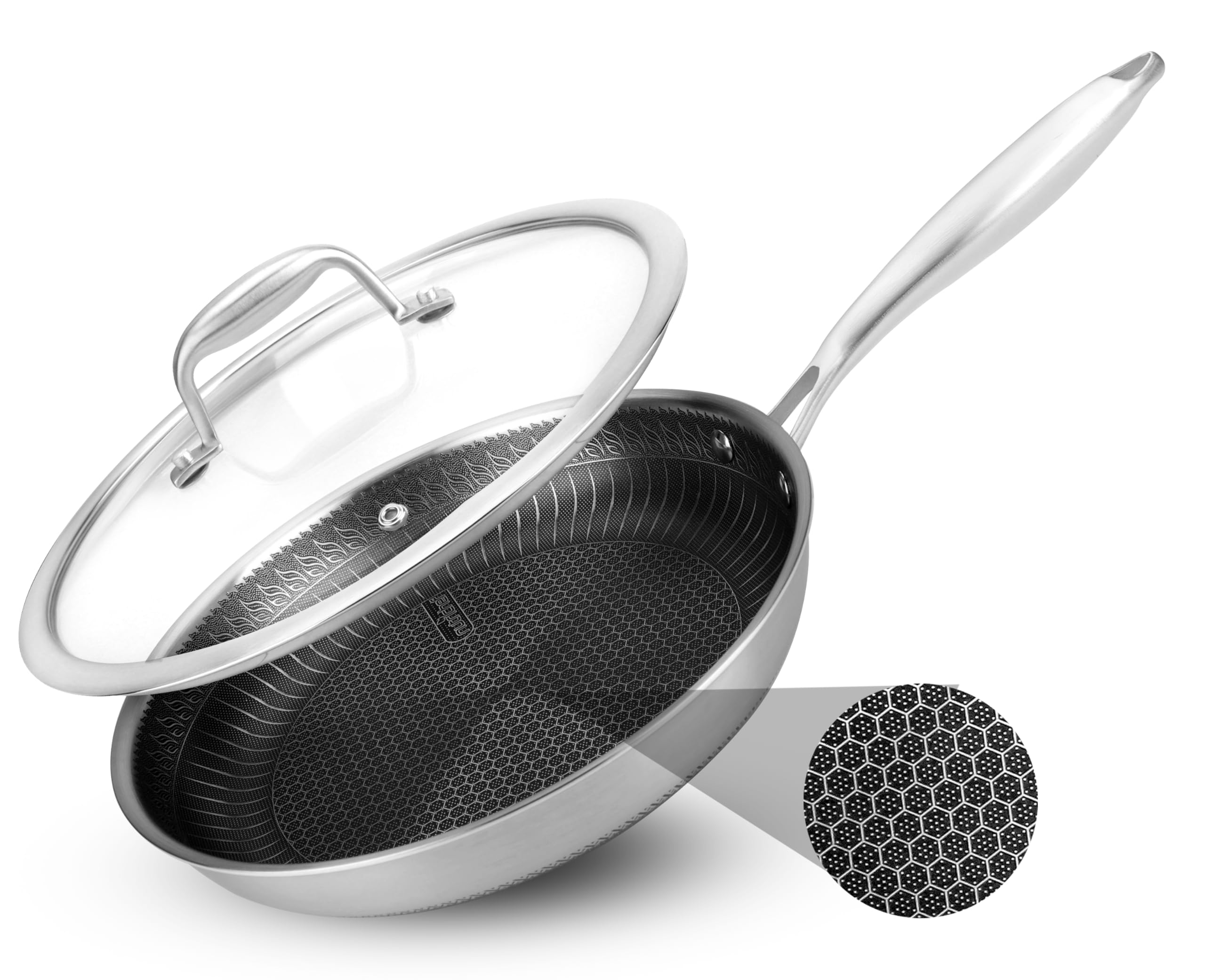 10" Stainless Steel Frying Pan - Triply Kitchenware Stir Fry Pan Kitchen Cookware w/DAKIN Etching Non-Stick Coating, Scratch-resistant Raised-up Honeycomb Fire Textured Pattern NC3PL10