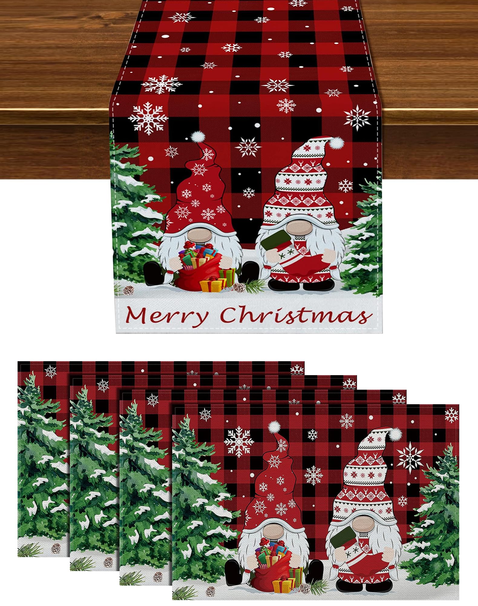 MaxpearlChristmas Gnomes 72in Table Runner & Placemats Set of 4