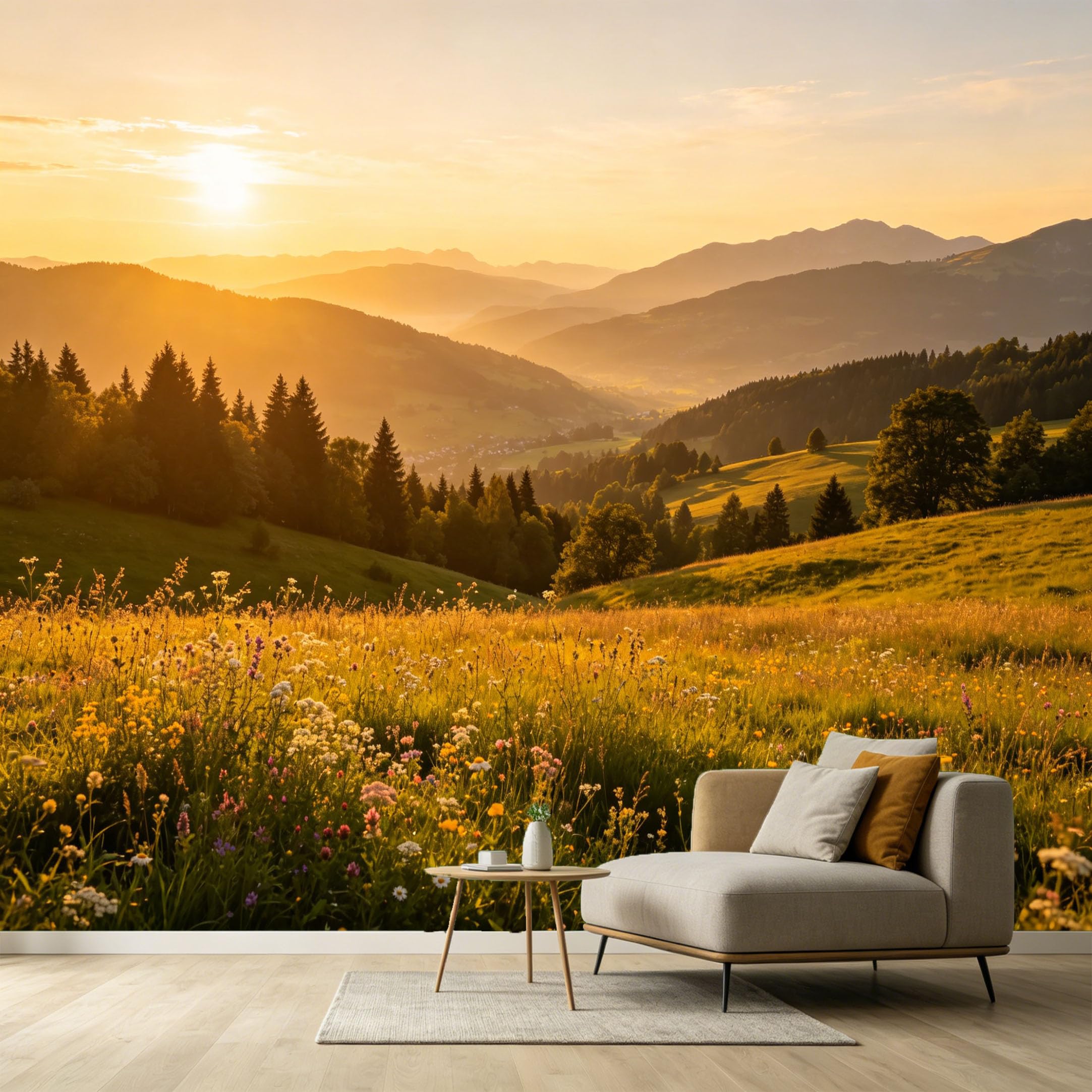 Custom Size Wall Murals Sunset Alpine Meadow Mountain Landscape Nature View SelfAdhesive Wall Fabric Removable Large Wallpaper for Photo Living Room Interior Decor