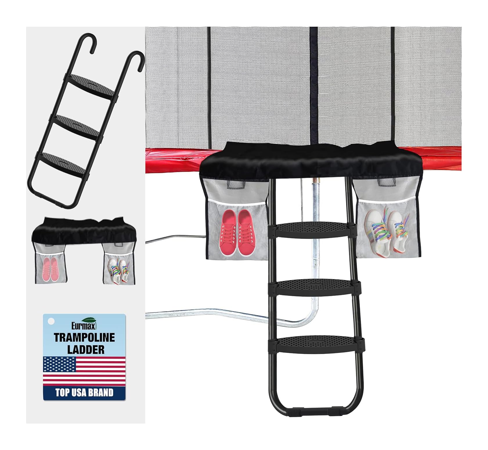 Photo 1 of Eurmax USA Universal Trampoline Ladder,240 lbs Capacity,3 Wide Skid-Proof Steps&Shoe Storage Pocket,UV-Resistant Steel Stairs for Kids,Heavy Duty Universal Hook Fit,Trampoline Accessories for Children