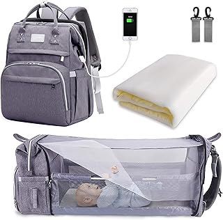 SNDMOR Baby Changing Bag Backpack, Nappy Changing Bags Large Capacity, Portable Travel Diaper Bag with Foldable Cot Bed, Baby Bed Backpack