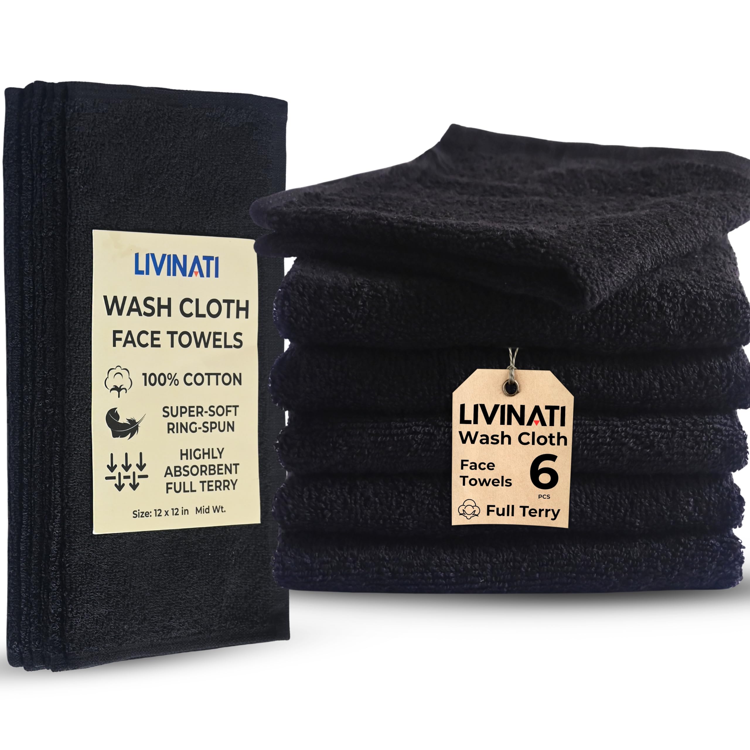 Black 100% Cotton Wash Cloths for Showering Body and Face - 12"X12" 6 Pack Washcloths - Small Terry Towel Bath Rags for Adults and Kids Bathroom - Soft Absorbent