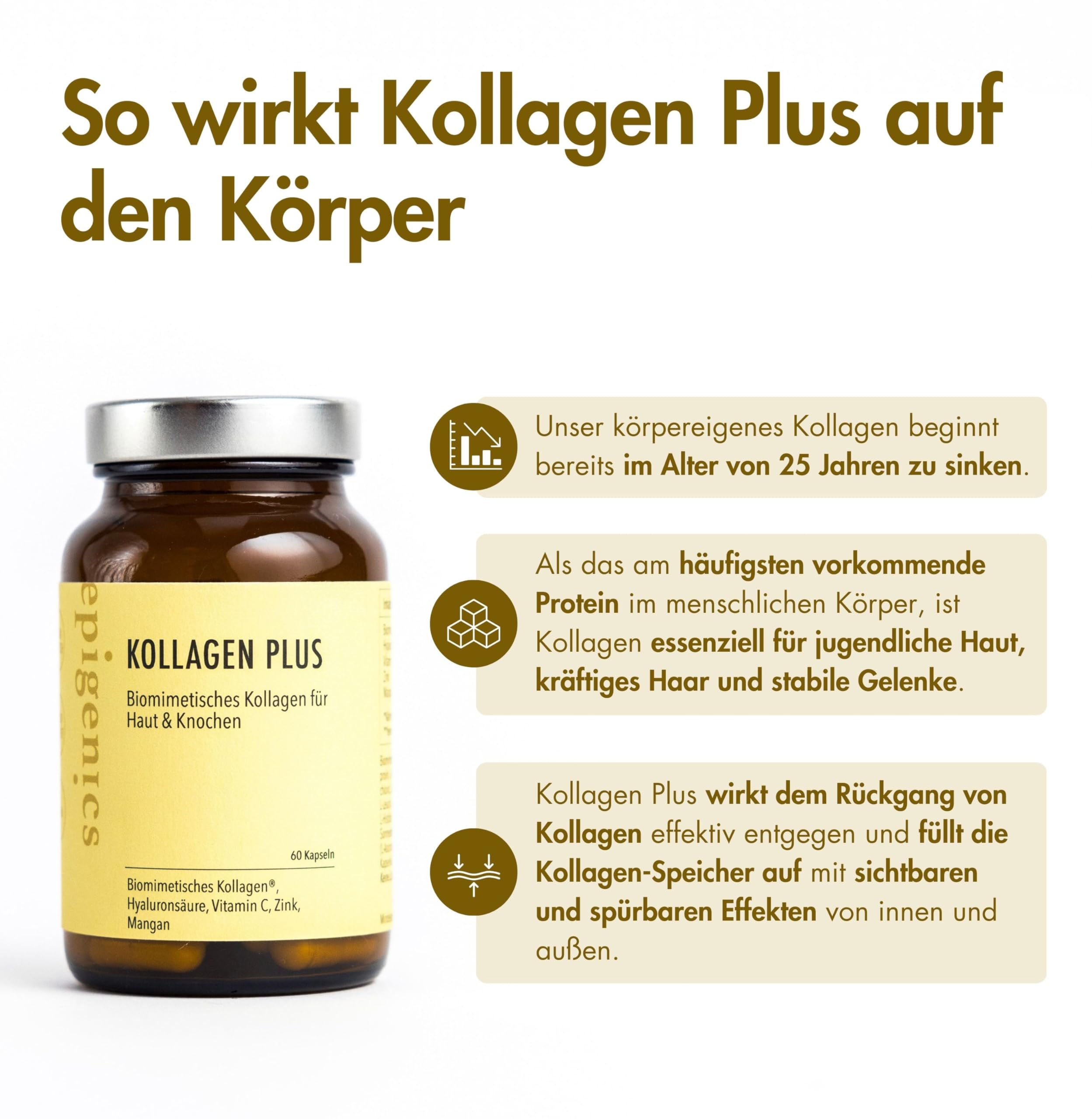 Epigenics Collagène Plus Capsules à l'acide hyaluronique (pour 30 jours) - Collagène végétalien et biomimétique - Comprimés complexes pour la peau, les cheveux, les ongles, les articulations et les os