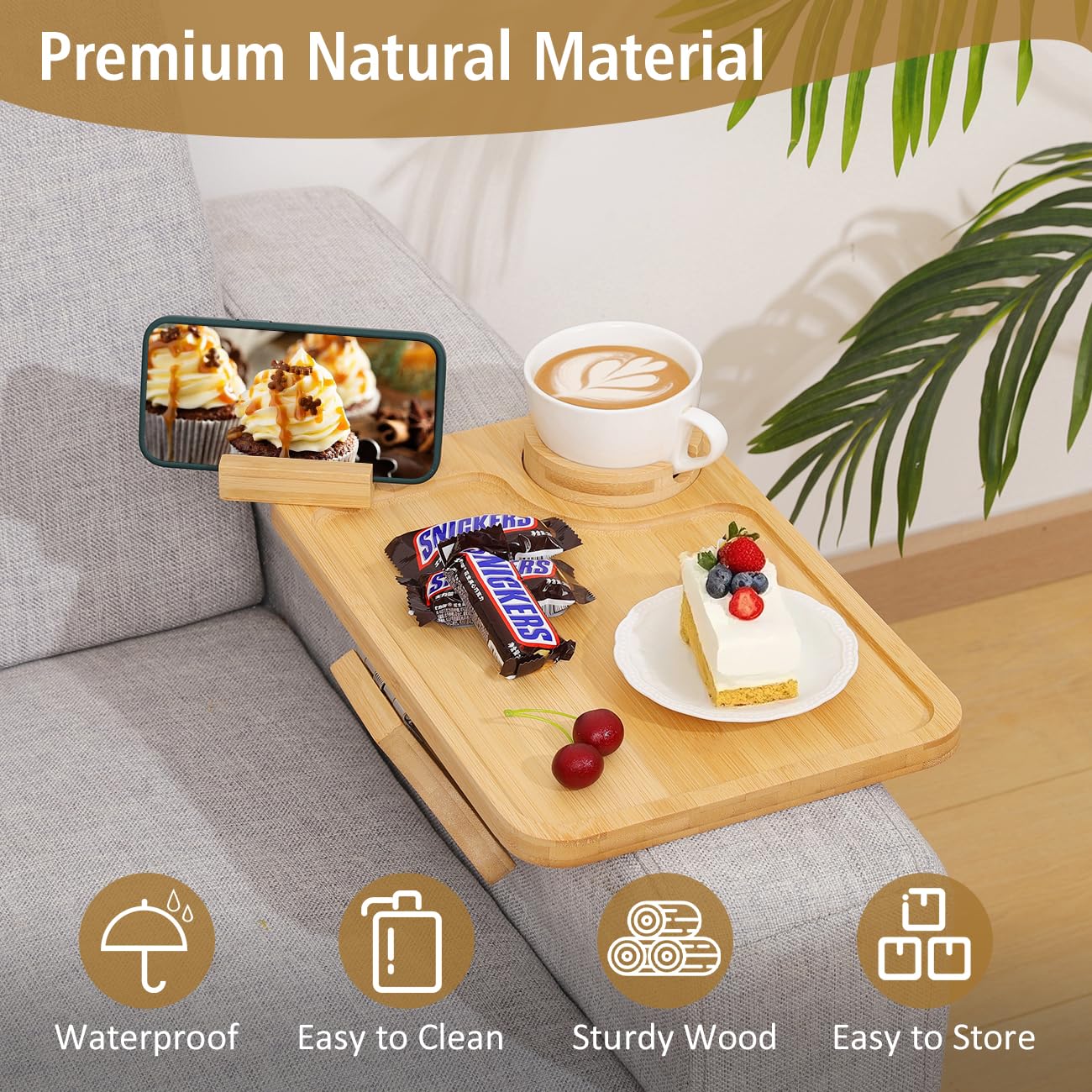 Plateau pour Accoudoir de Canapé, Table Bras de Canapé Rotation 360° avec Porte téléphone et Tasse, Accoudoir de Canapé pour Accès Facile, Porte-Tasse de Canapé pour Snacks, Téléphone, Contrôle